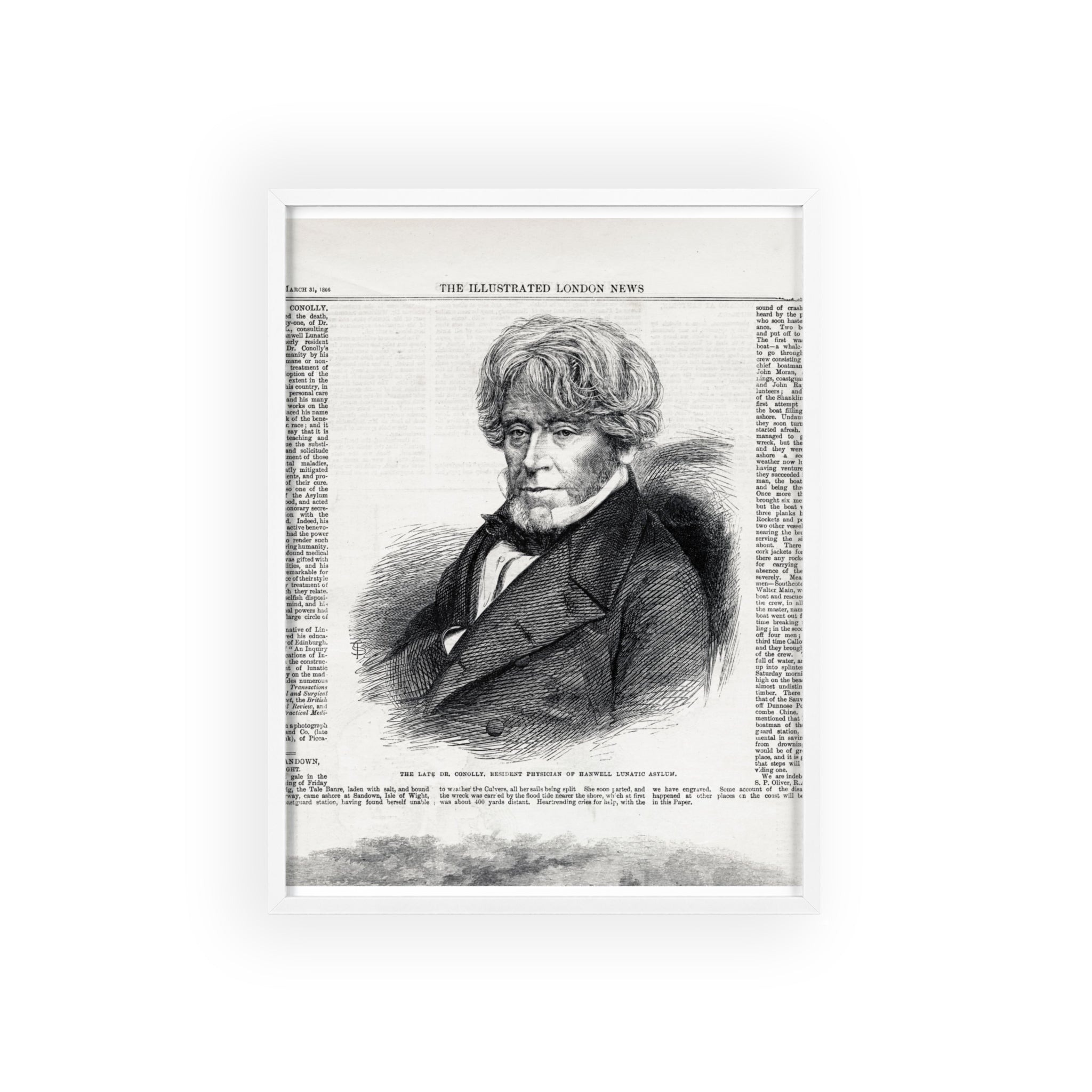Dr. Conolly, Resident Physician of Hanwell Lunatic Asylum. Framed Vintage Portrait Print — Antique Newspaper Illustration Poster
