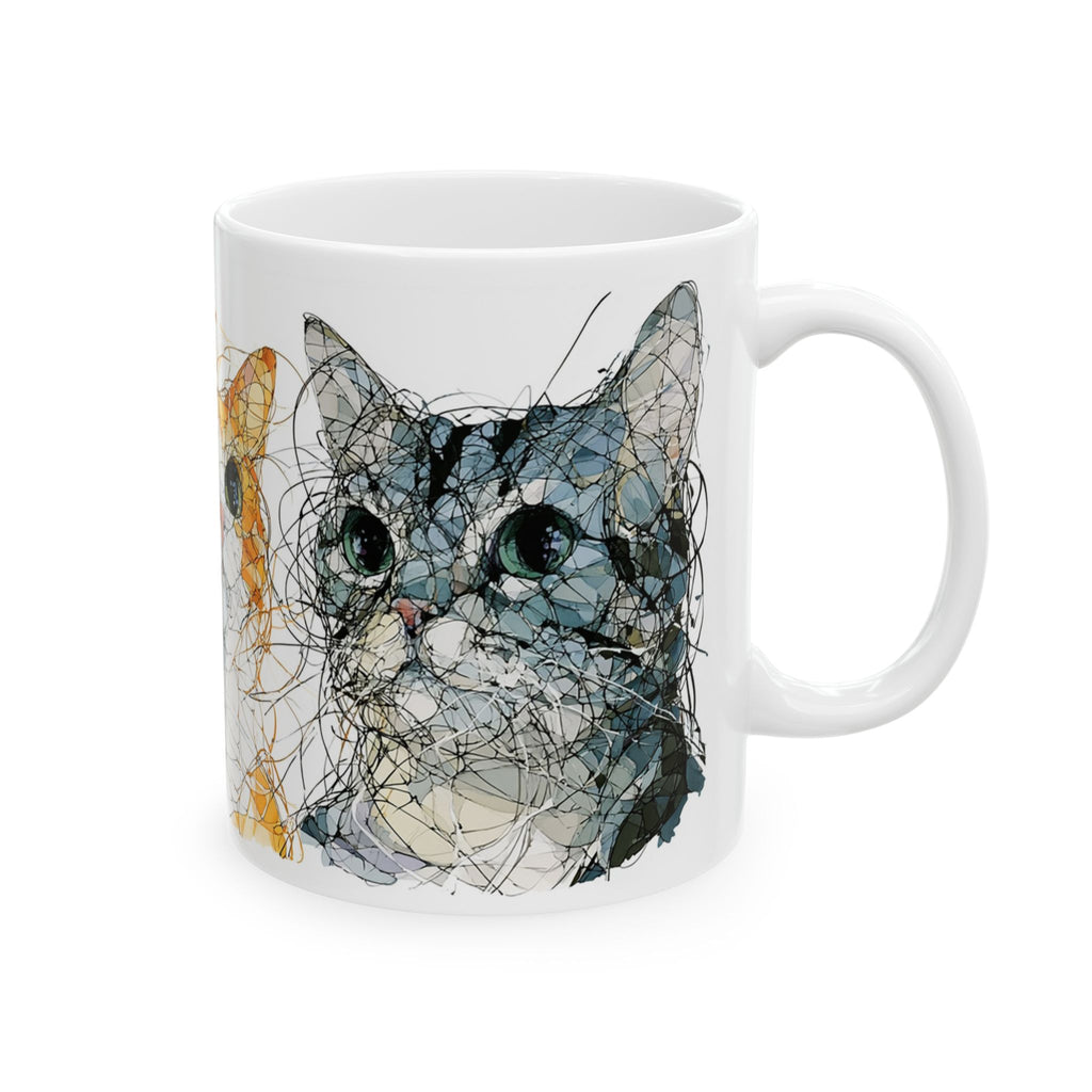 Watercolor Cat Faces Ceramic Mug – Whimsical Orange & Grey Cat Art (11oz, 15oz)