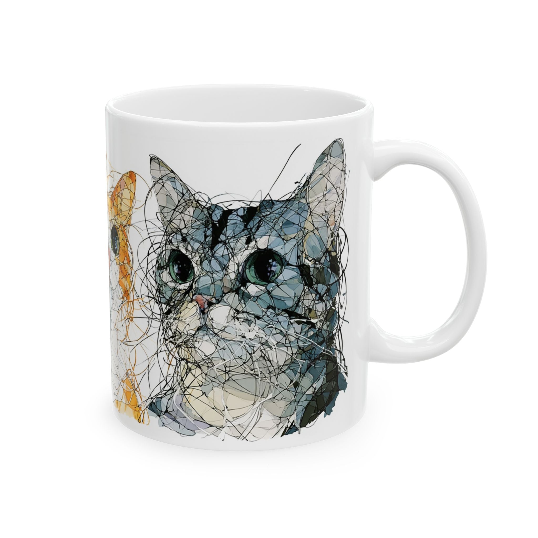 Watercolor Cat Faces Ceramic Mug – Whimsical Orange & Grey Cat Art (11oz, 15oz)