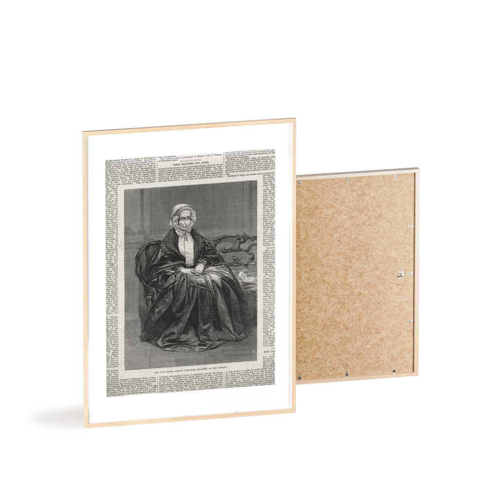 The Late Marie Amelie D'Orleans, Ex-Queen of the French. Vintage Portrait Newspaper Art Poster with Black Wooden Frame