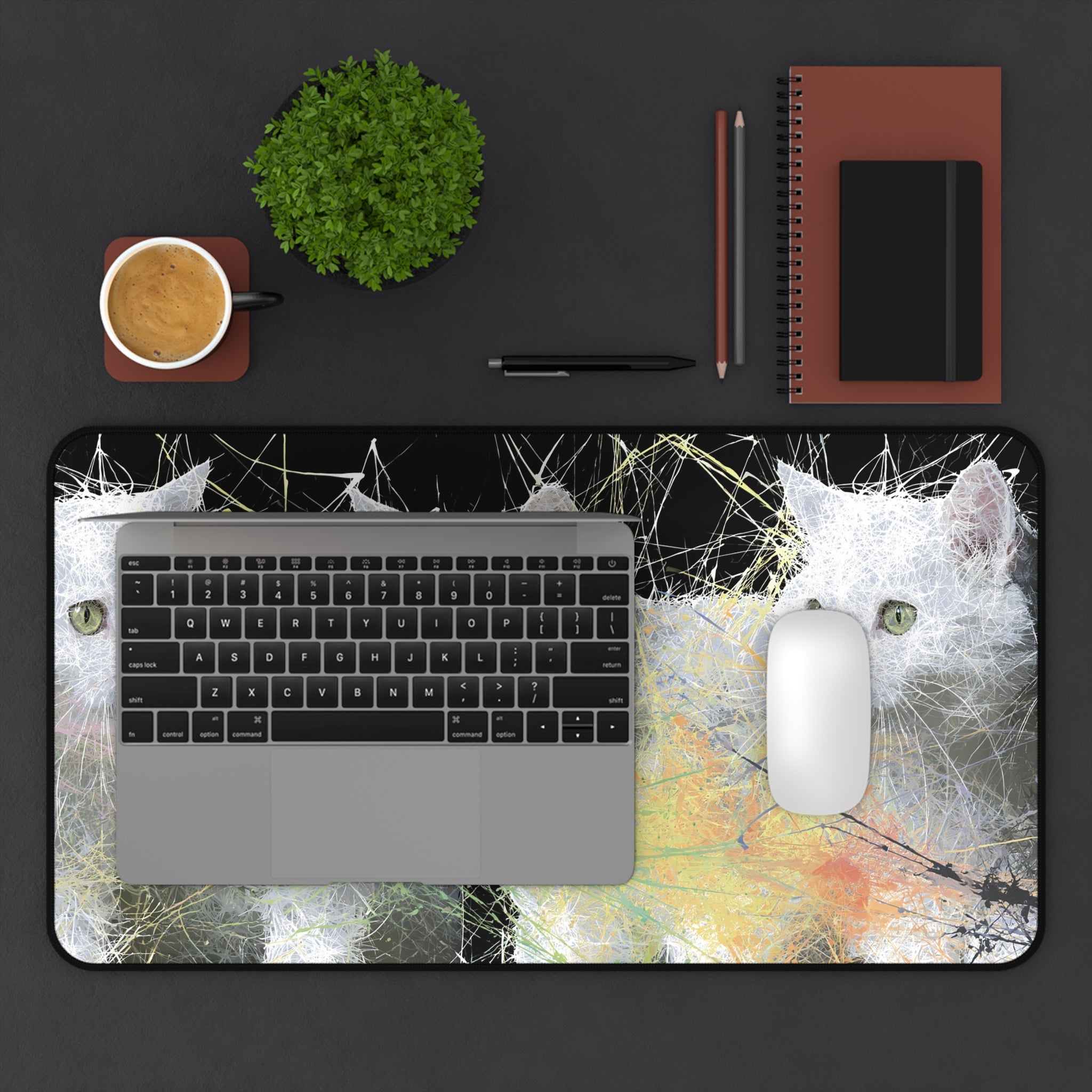 Abstract White Cat Trio Desk Mat — Artistic Feline Mousepad for Cat Lovers