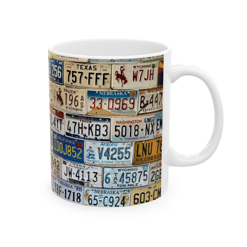 License Plate Collage Mug – Vintage Road Trip Coffee Cup (11oz/15oz)