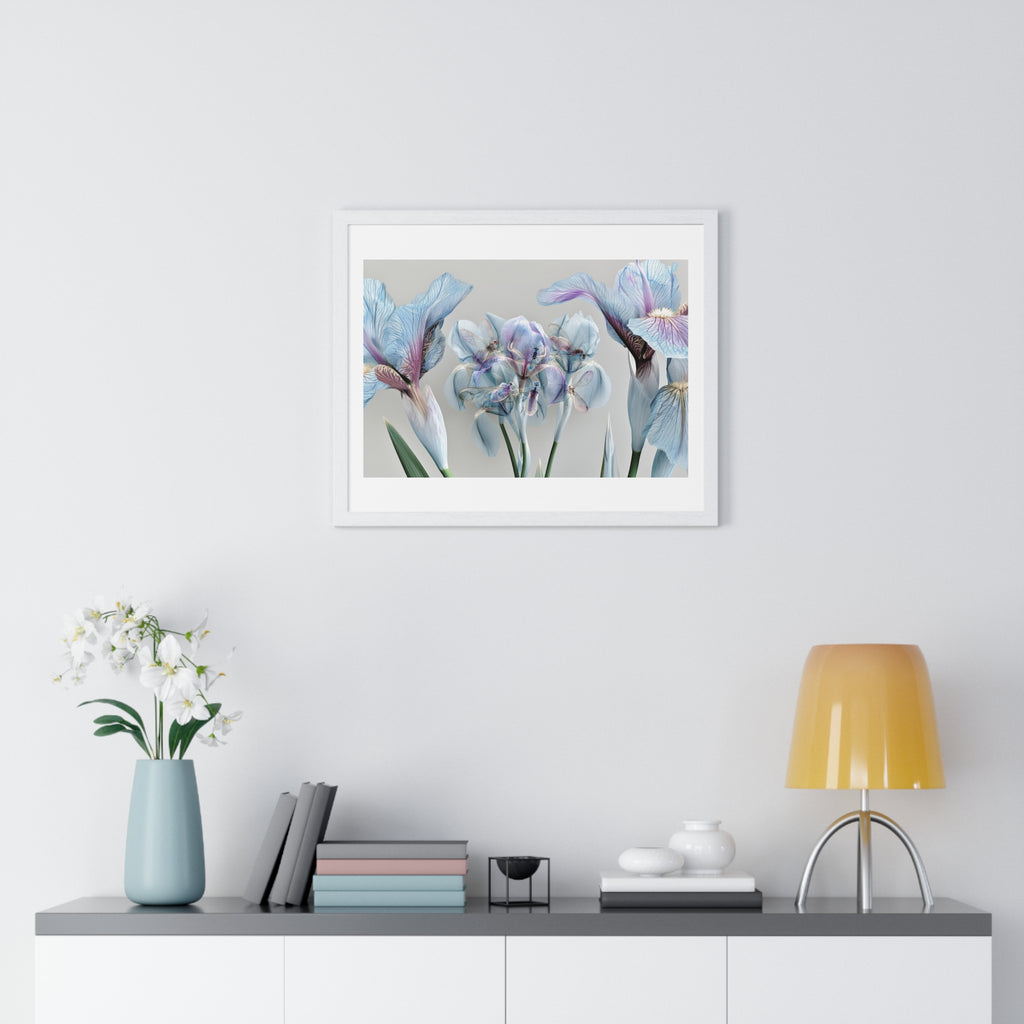 Botanical Iris Framed Poster — Soft Blue Floral Wall Art (Horizontal)