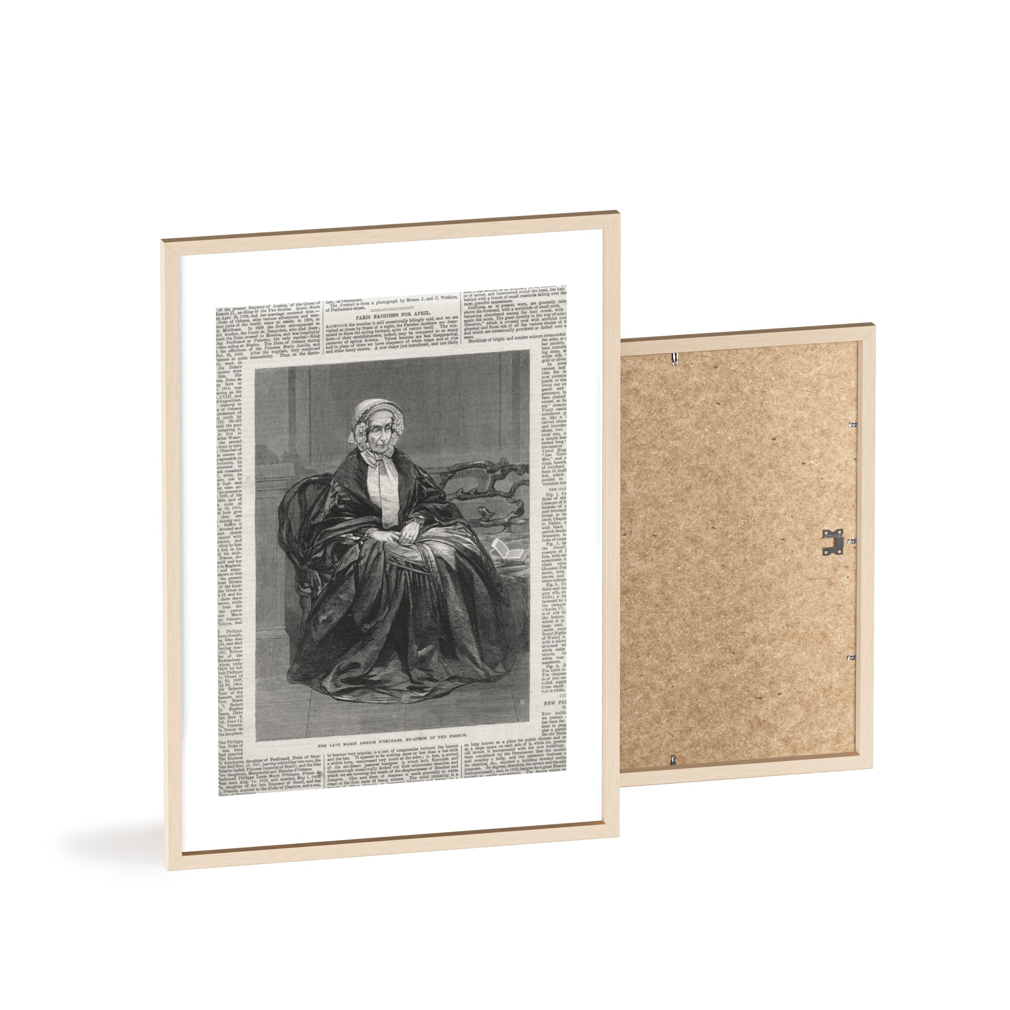 The Late Marie Amelie D'Orleans, Ex-Queen of the French. Vintage Portrait Newspaper Art Poster with Black Wooden Frame