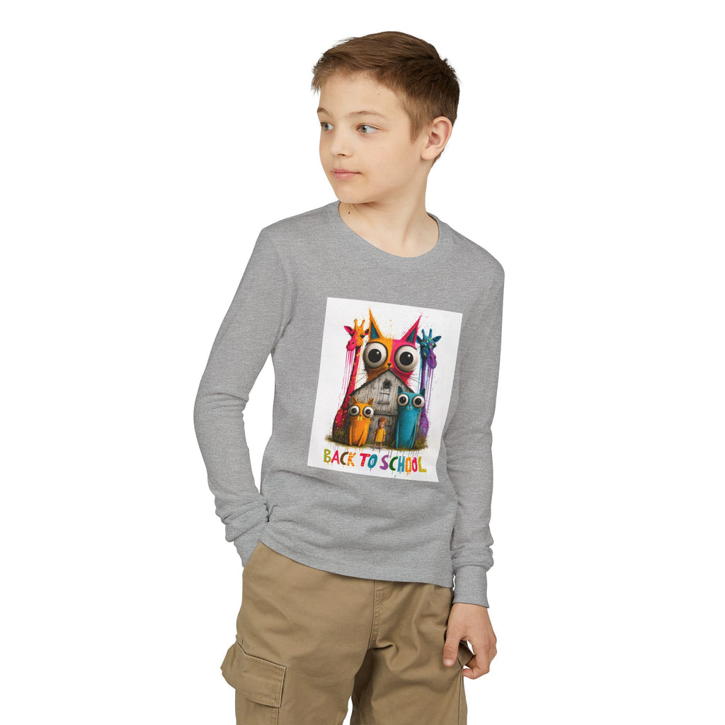 Back to School Youth Long Sleeve Tee — Colorful Owl Schoolhouse Design