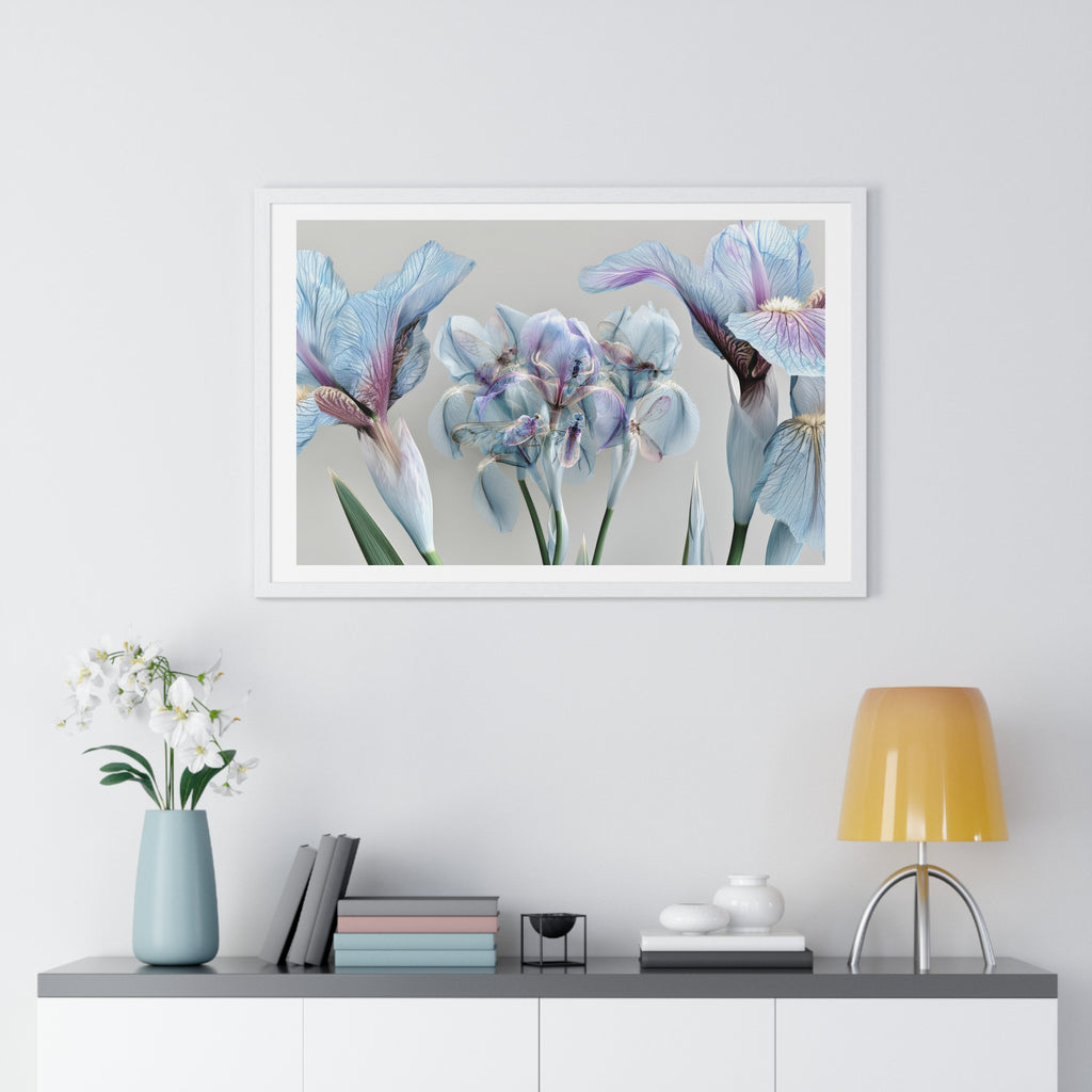 Botanical Iris Framed Poster — Soft Blue Floral Wall Art (Horizontal)
