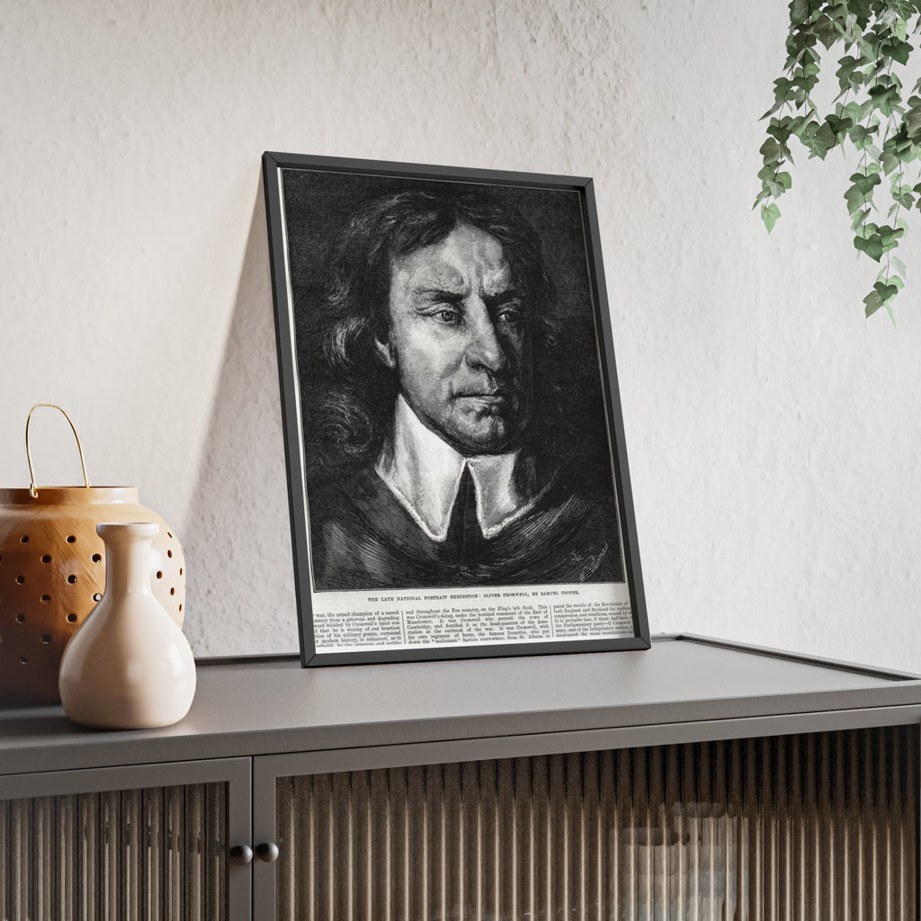 OLIVER CROMWELL. Historical Portrait Poster with Wooden Frame — Vintage Chalk-Style Print