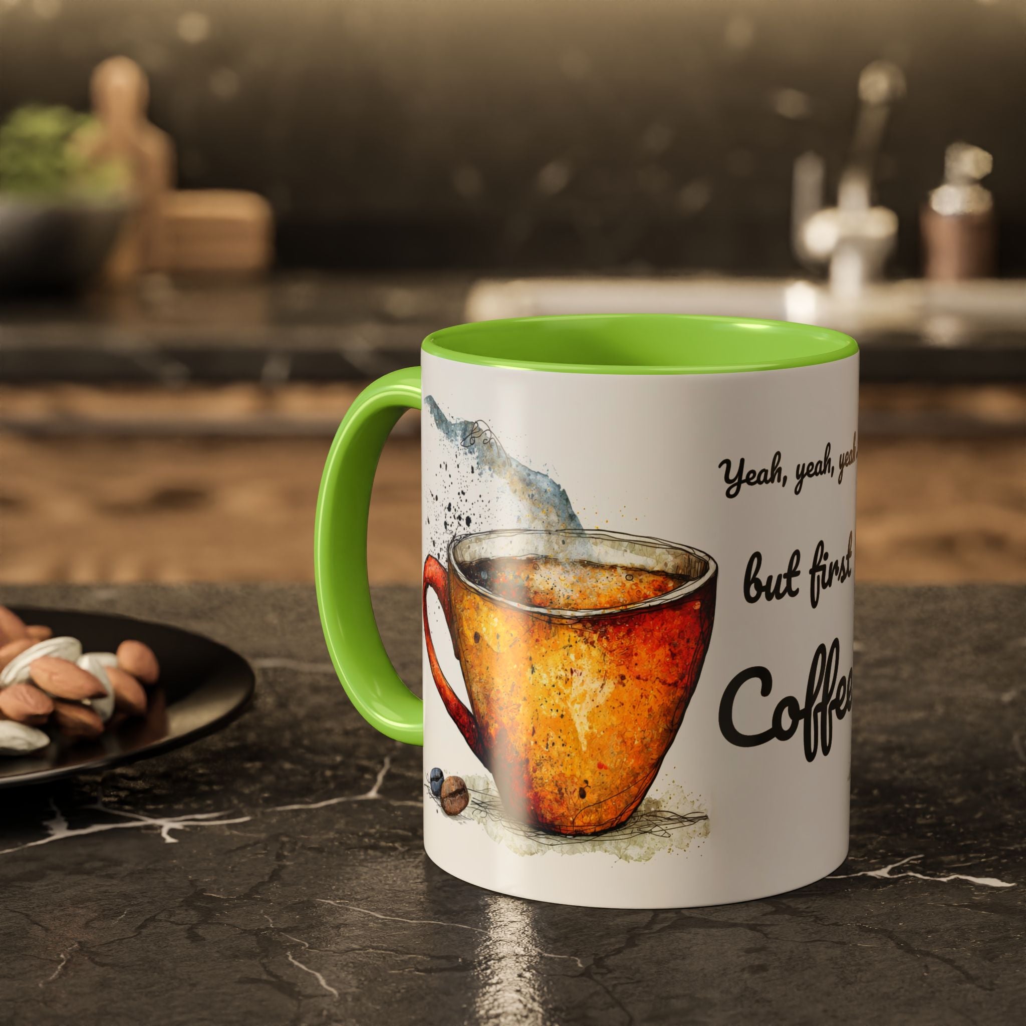 But First Coffee Ceramic Mug — Colorful Watercolor Coffee Cups (11oz & 15oz)