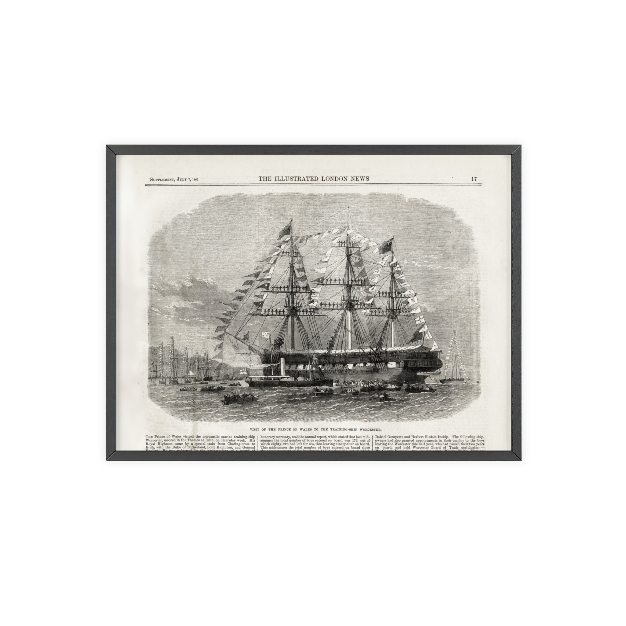 Visit of the Prince of Wales to the Training-Ship Worcester. Framed Vintage Sailing Ship Poster — Nautical Wall Art with Wooden Frame