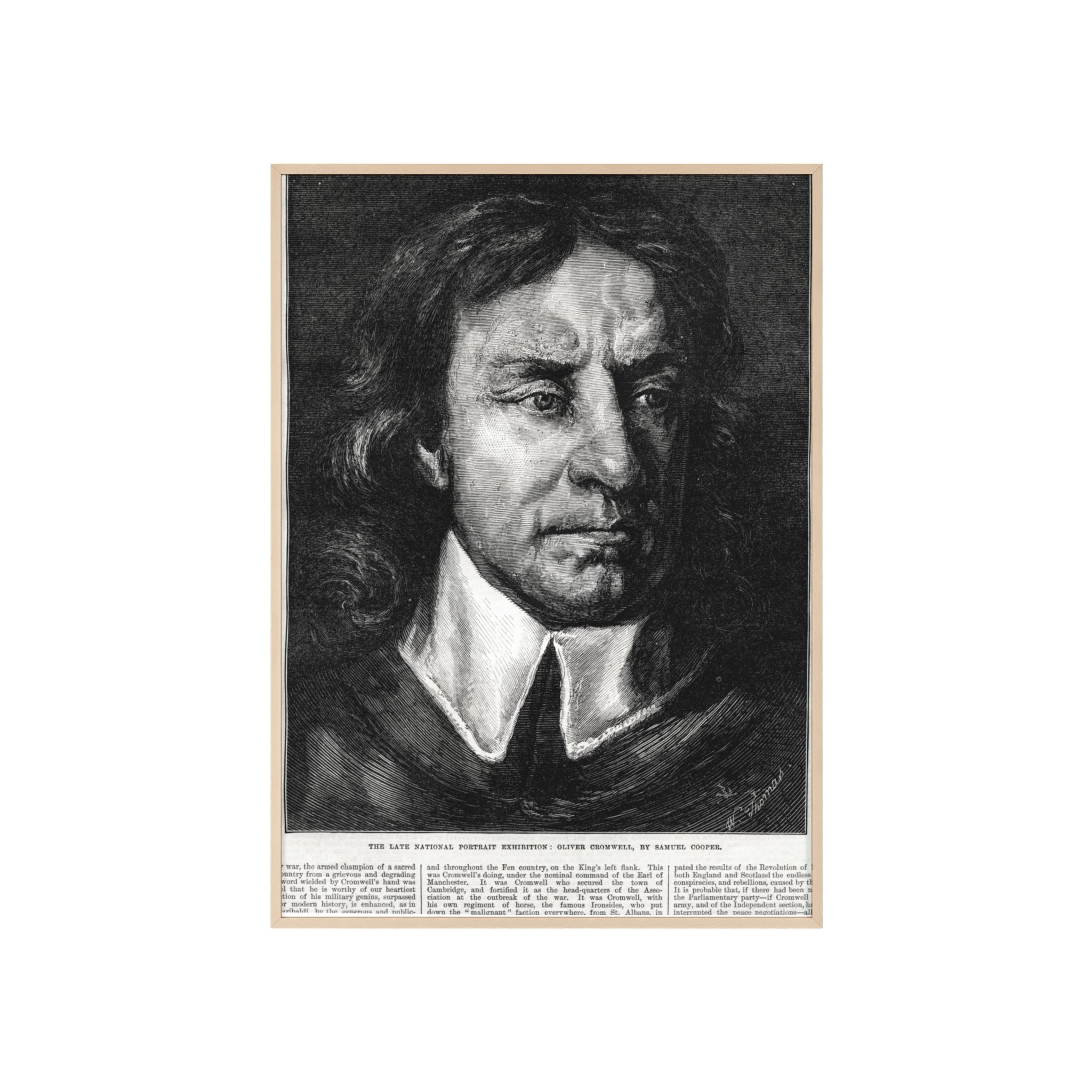 OLIVER CROMWELL. Historical Portrait Poster with Wooden Frame — Vintage Chalk-Style Print