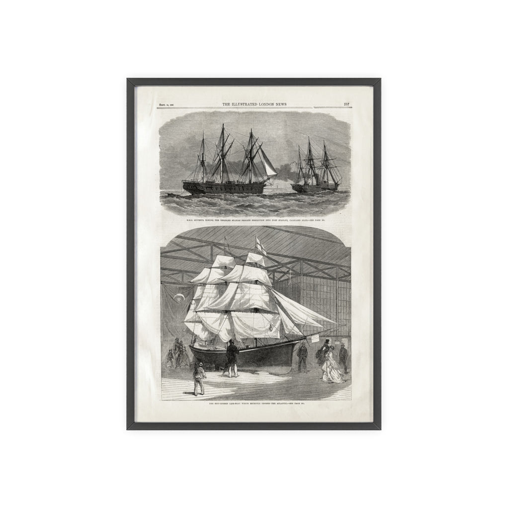 Vintage Nautical Ship Poster with Wooden Frame – Antique Sailing Print Wall Art