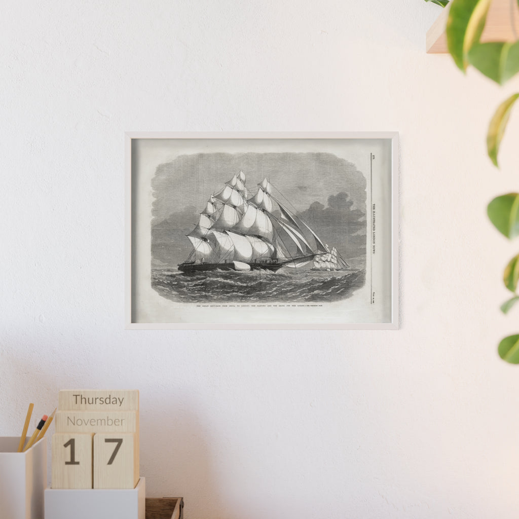The Great Ship-Race from China to London. Vintage Sailing Ship Wall Poster with Wooden Frame – Nautical Marine Print