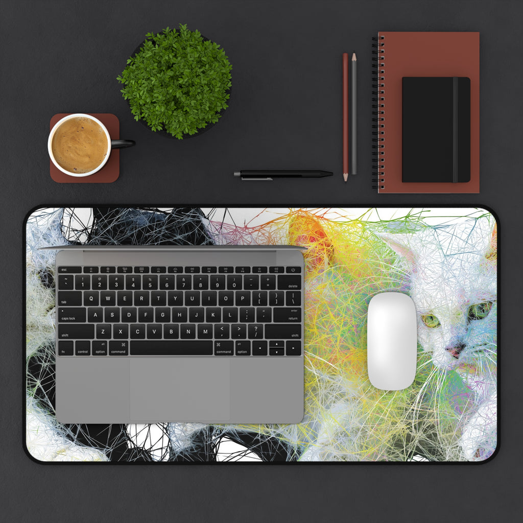 Cat Trio Abstract Art Desk Mat — Colorful Whisker Wave Mouse Pad