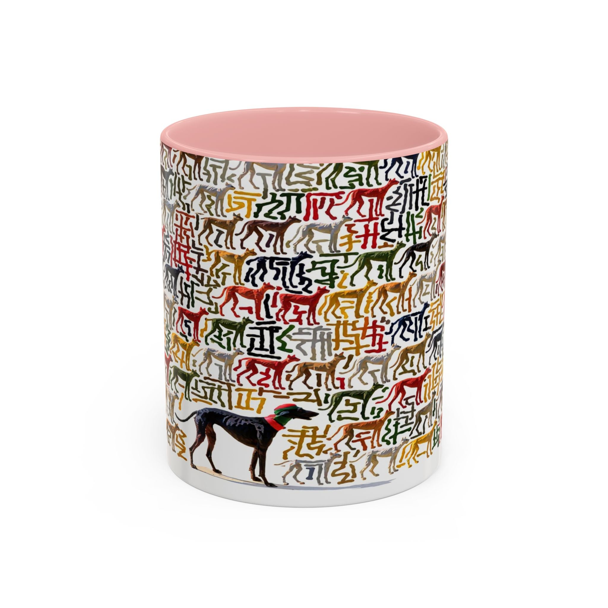 Greyhound Silhouette Accent Coffee Mug — Colorful Script Dog Pattern (11/15oz)