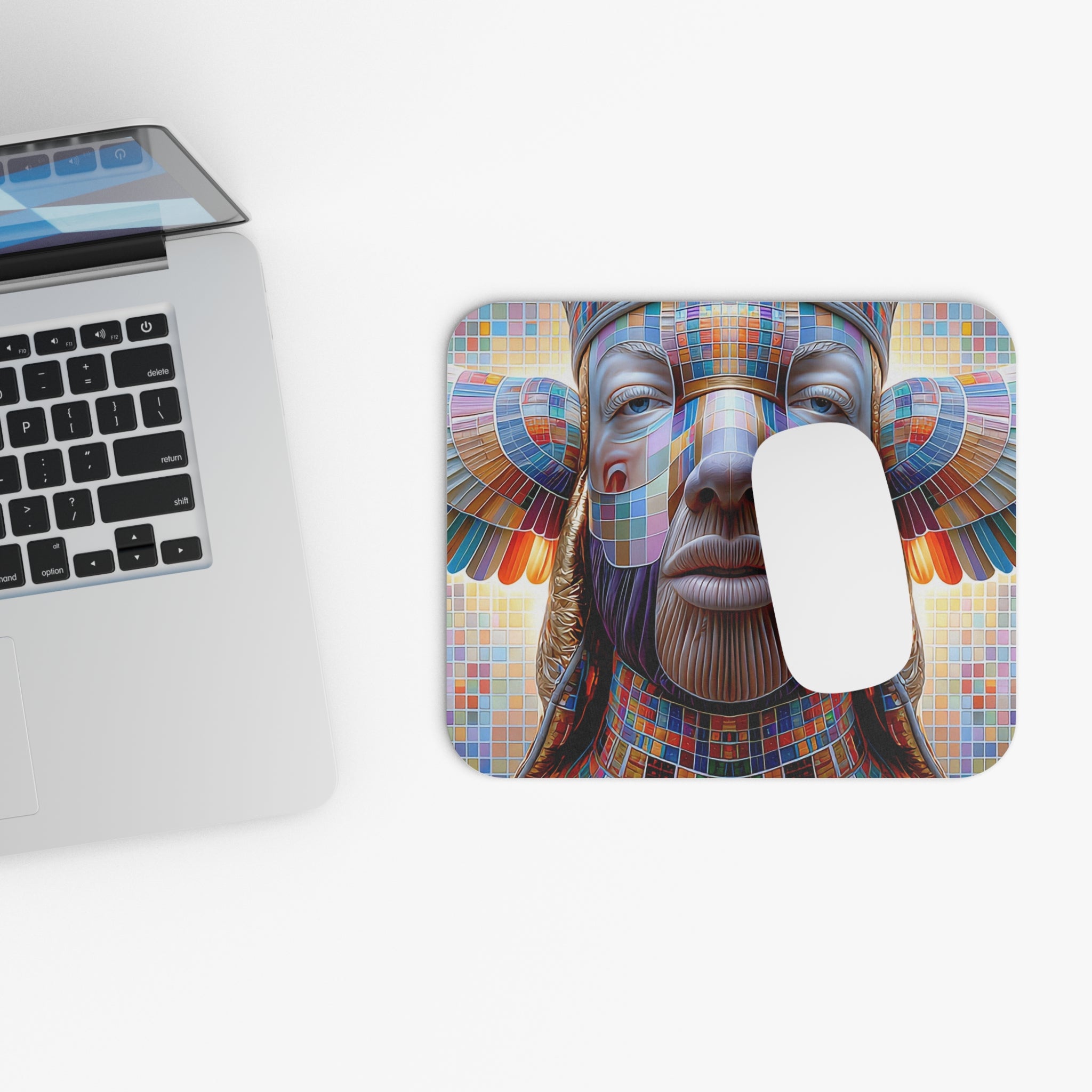 Color Mosaic Tribal Face Mouse Pad — Vibrant Geometric Desk Mat