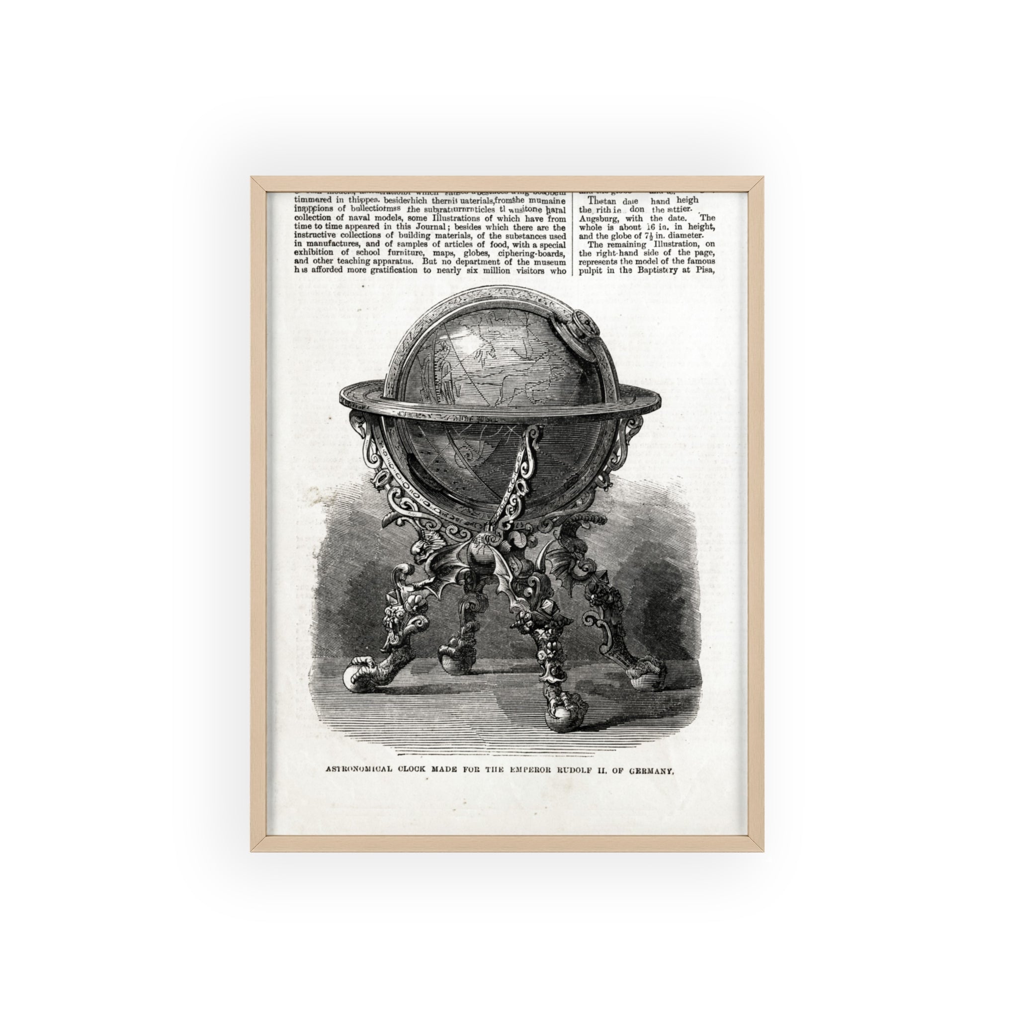 Astronomical Clock made for the Emperor RUDOLPH II, of Germany. Vintage Globe Illustration Poster with Wooden Frame — Antique Map Print