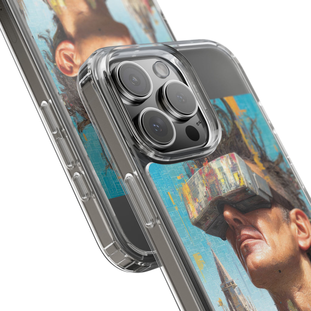 Clear Phone Case — Retro VR Cityscape Illustration