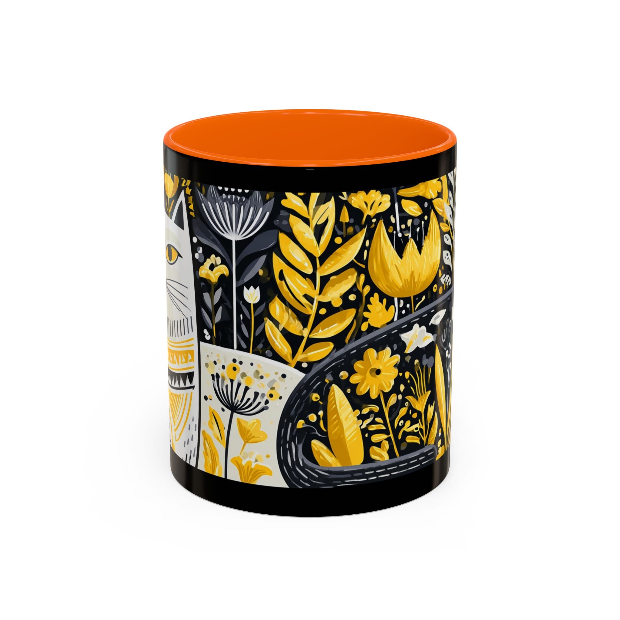 Black & Gold Cat Floral Coffee Mug — Whimsical Botanical Cat Accent Mug (11/15oz)