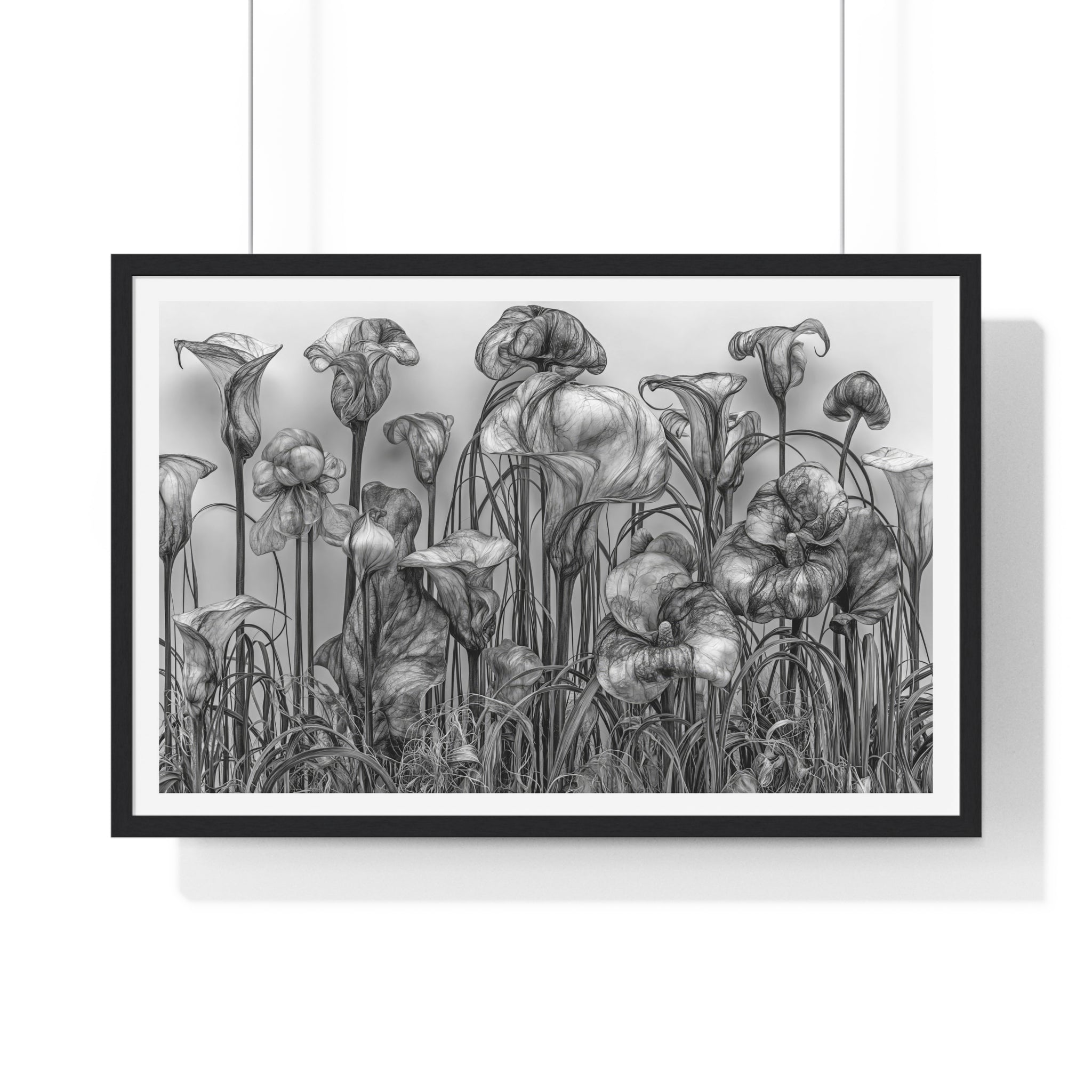 Black & White Botanical Framed Poster — Monochrome Calla Lily Wall Art (Horizontal)