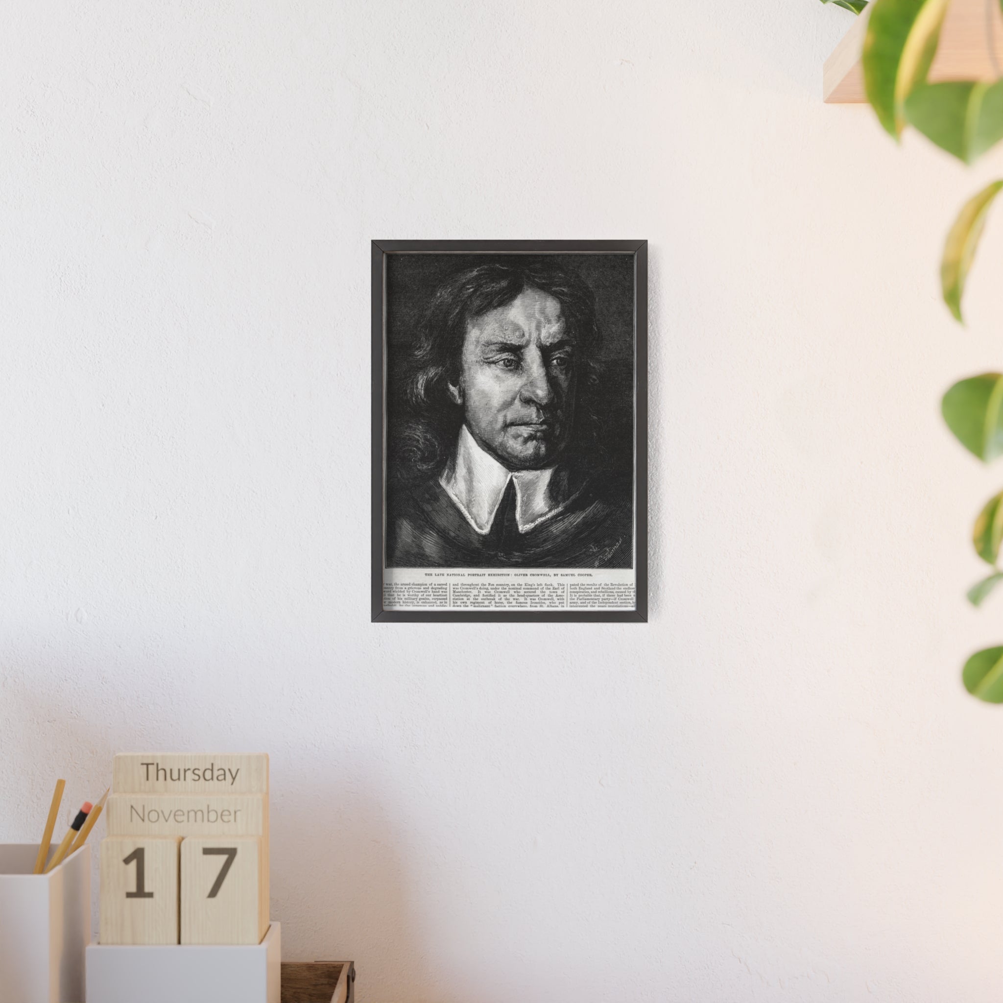 OLIVER CROMWELL. Historical Portrait Poster with Wooden Frame — Vintage Chalk-Style Print