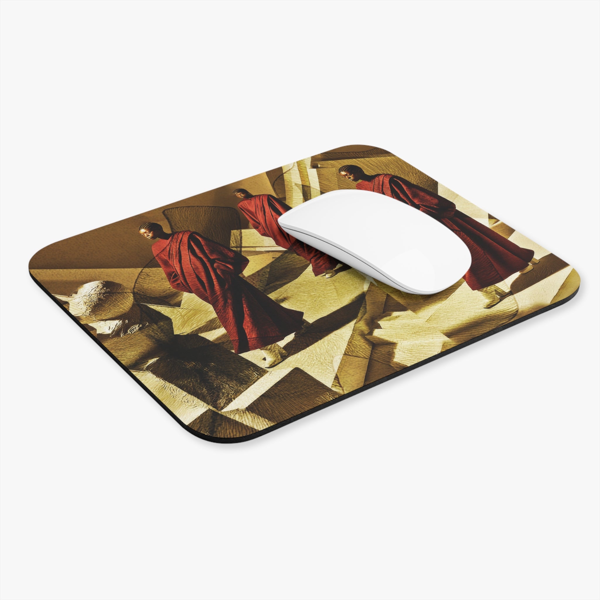 Surreal Red-Robed Figures Mouse Pad — Abstract Geometric Desk Mat