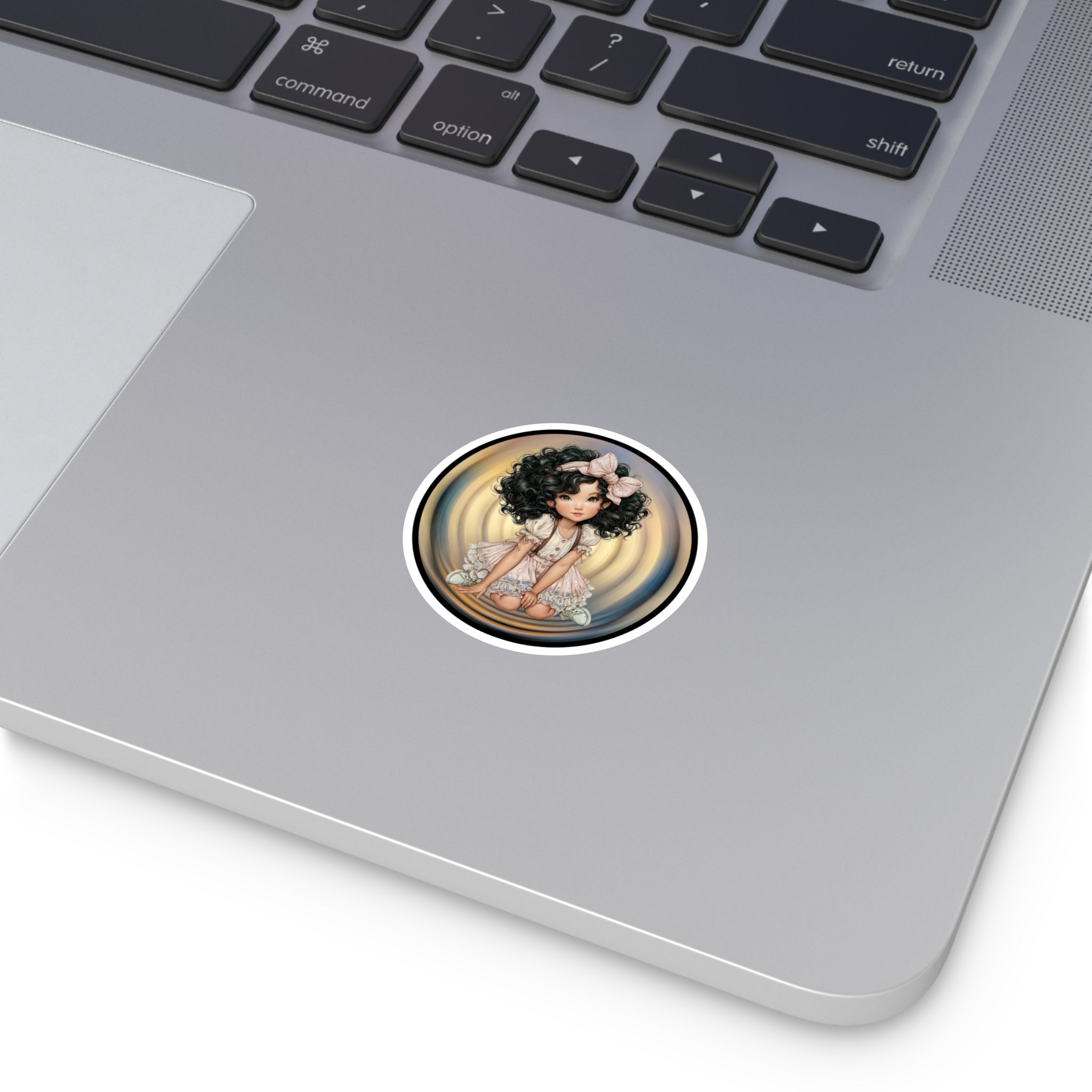 Cute Curly-Haired Doll Round Sticker — Indoor/Outdoor Vinyl Laptop Decal