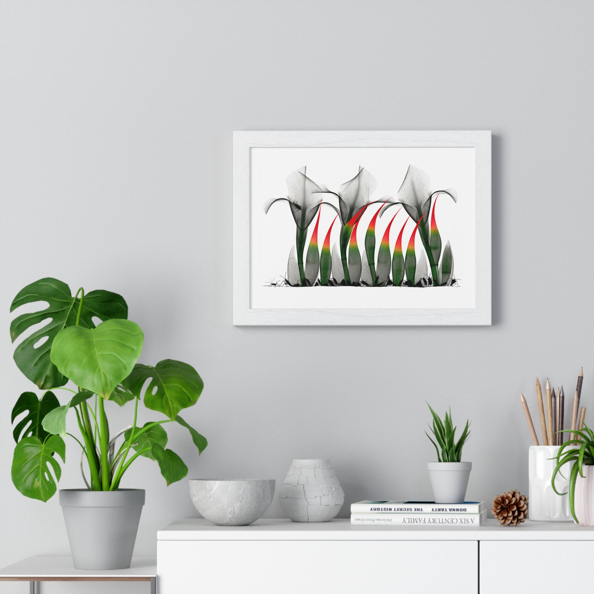 Framed Poster - Abstract Botanical Calla Lily Art with Red & Green Accents
