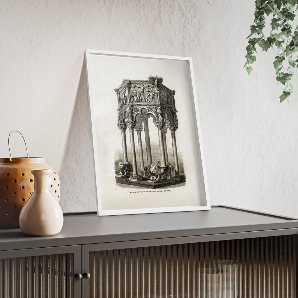 Model of Pulpit in the Baptistery at PISA. Antique Architectural Print Poster — Gothic Baptistery Illustration in Wooden Frame