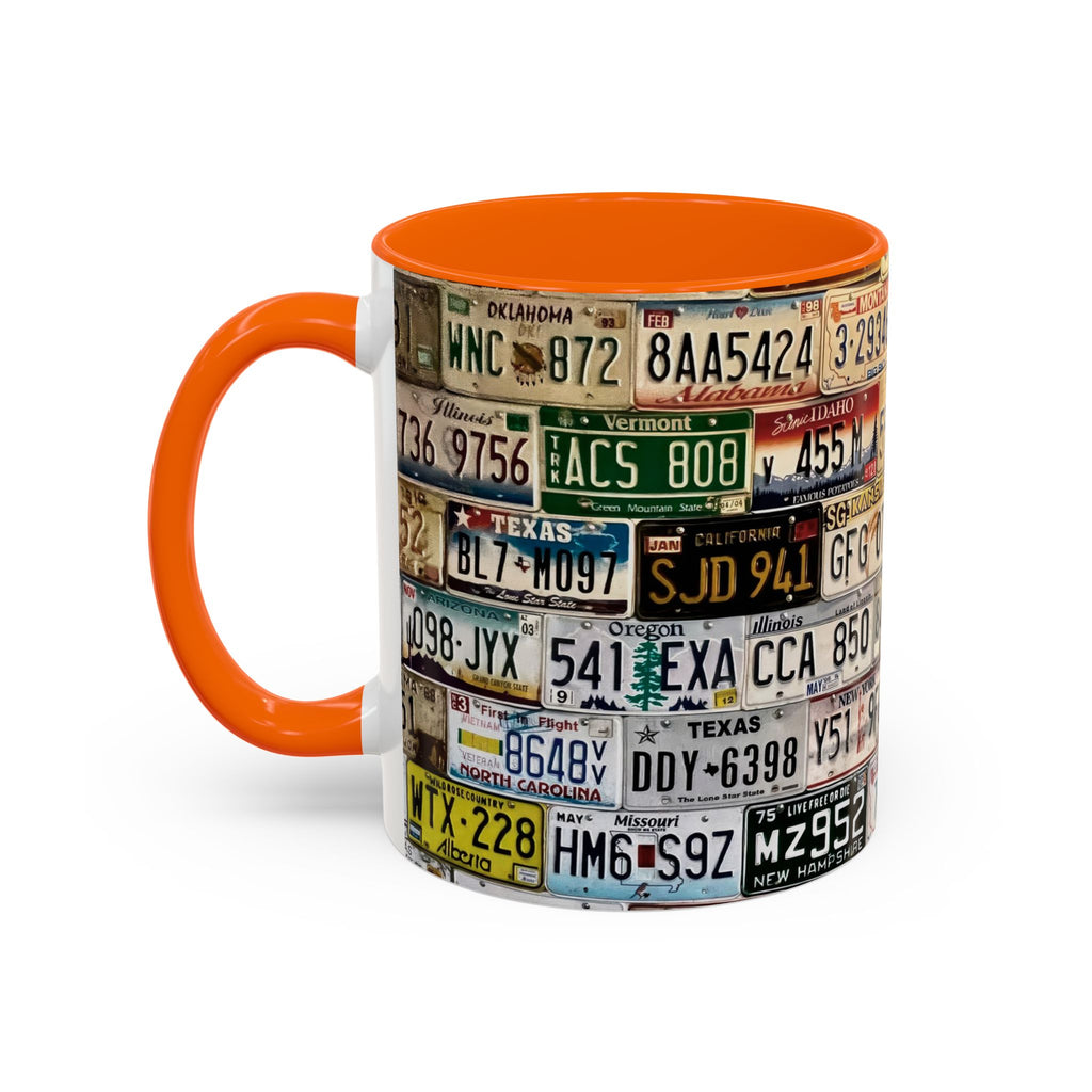 License Plate Collage Coffee Mug — Route 66, Vintage Road Trip Accent Mug