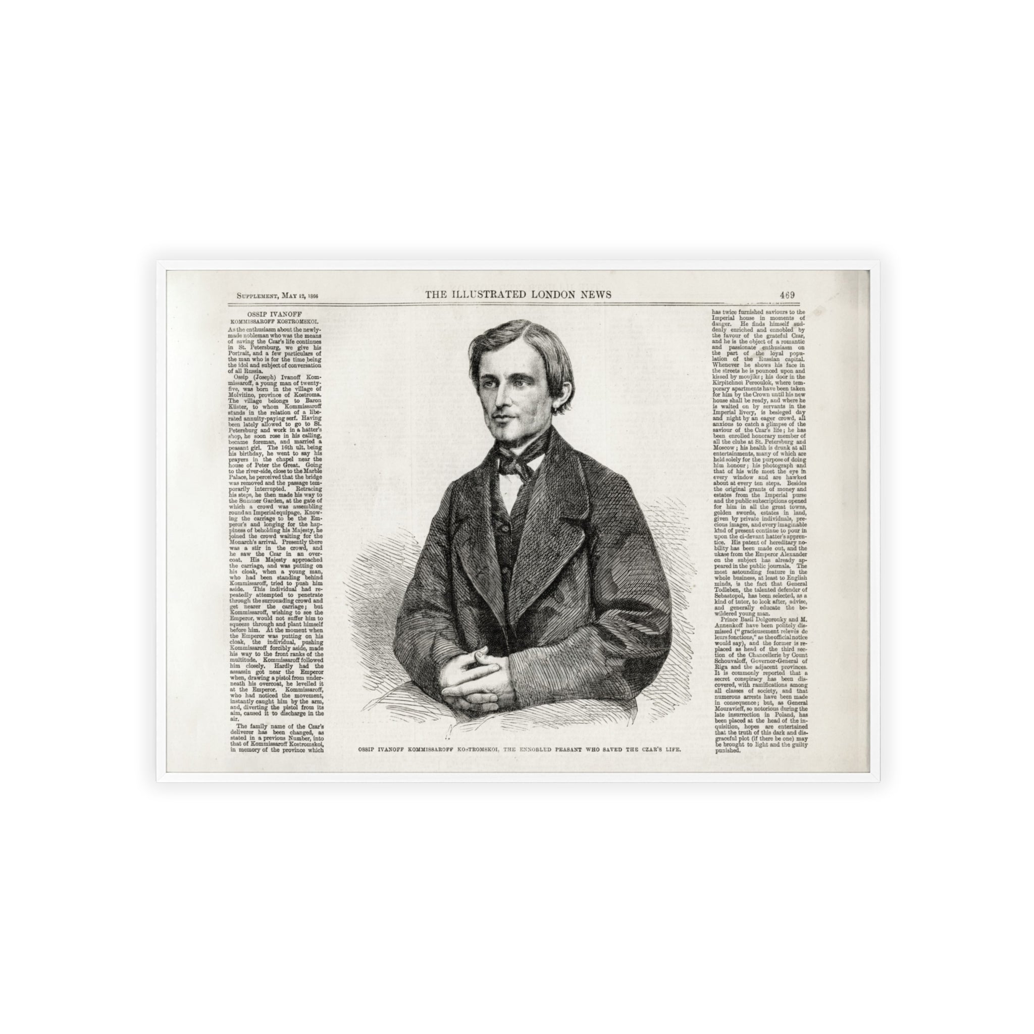 OSSIP IVANOFF, the peasant who saved the CZAR's Life. Vintage Illustrated Portrait Poster with Wooden Frame — Antique Newspaper Art Print