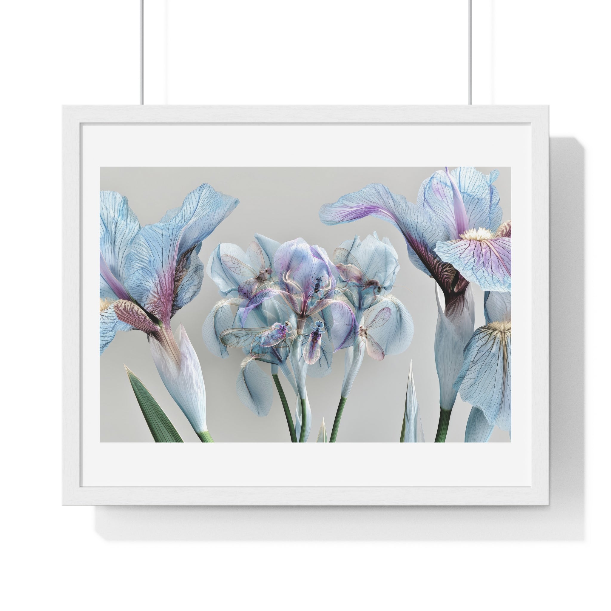 Botanical Iris Framed Poster — Soft Blue Floral Wall Art (Horizontal)