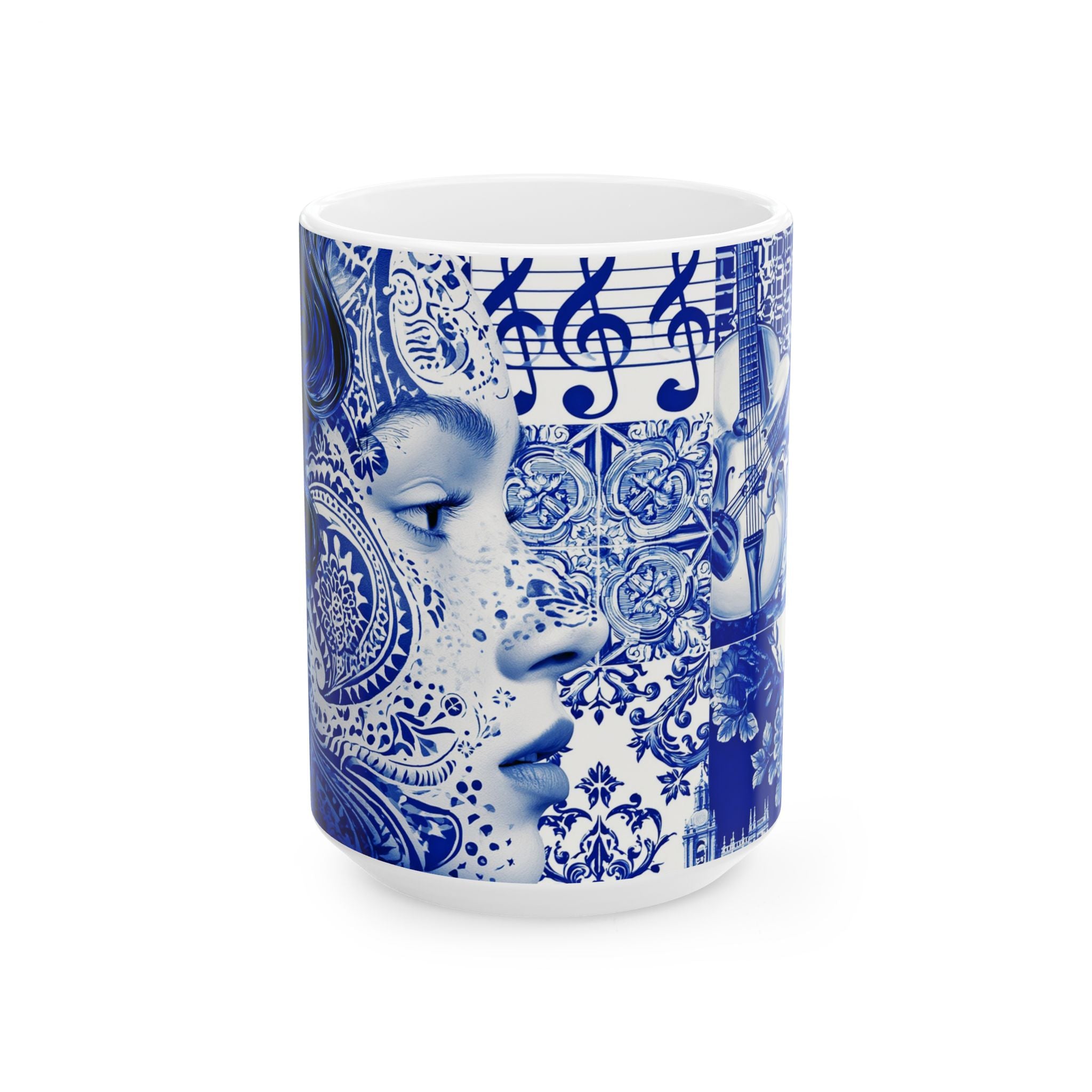 Blue Mosaic Face Ceramic Mug — Artistic Patterned 11oz/15oz Coffee Cup