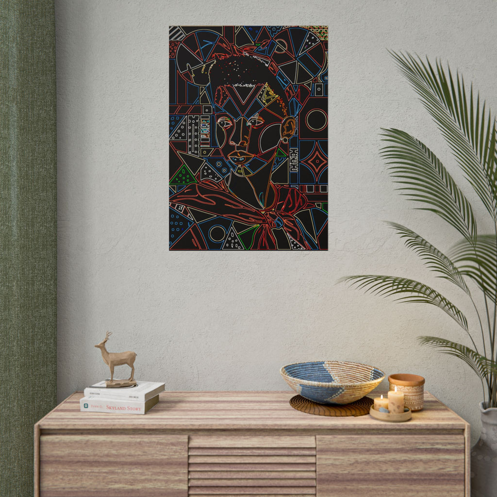 Neon Line Art Portrait Poster — Afro Futurism Geometric Wall Art (Rolled)