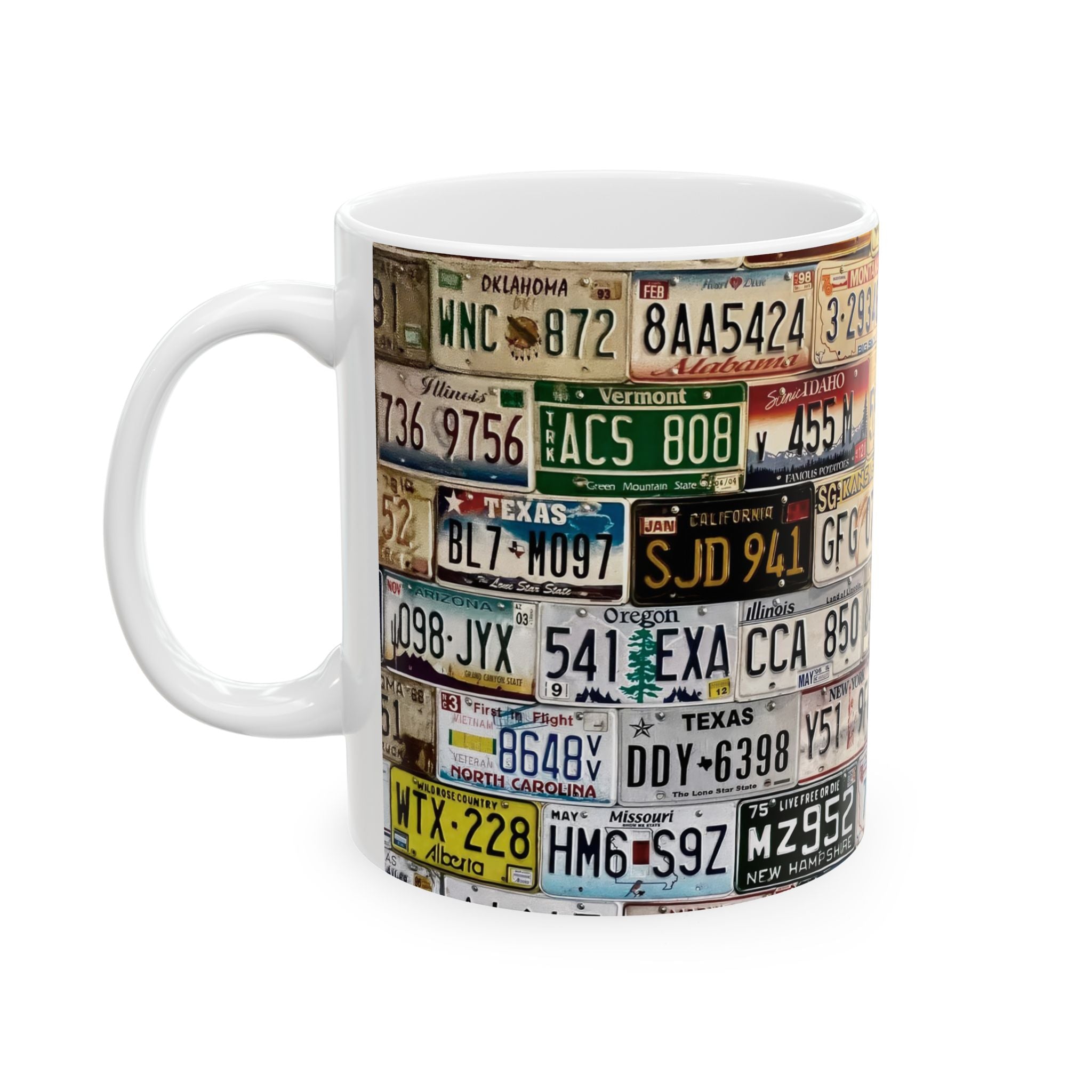 License Plate Collage Mug – Vintage Road Trip Coffee Cup (11oz/15oz)