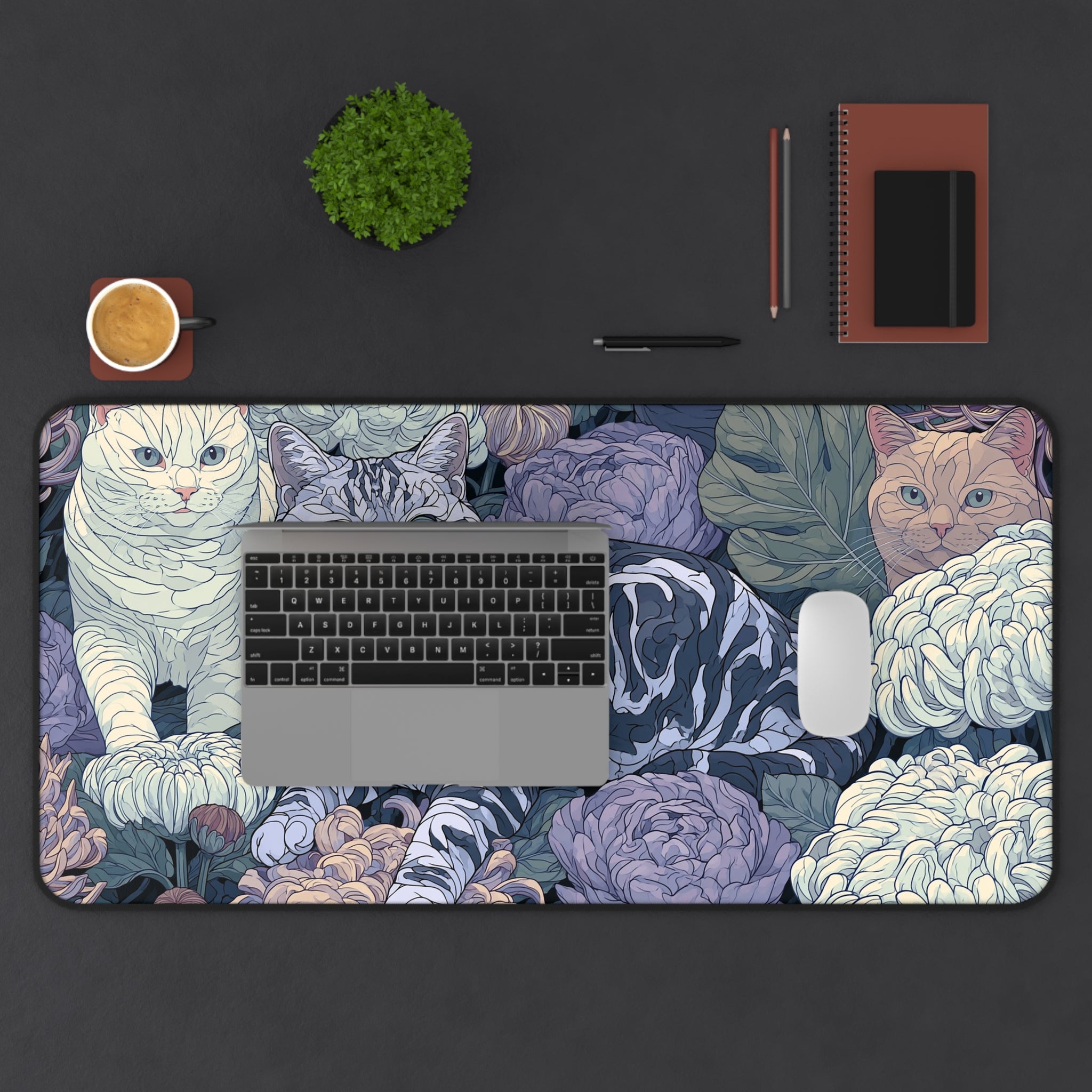 Floral Cats Desk Mat — Vintage Botanical Cat Mousepad for Home Office
