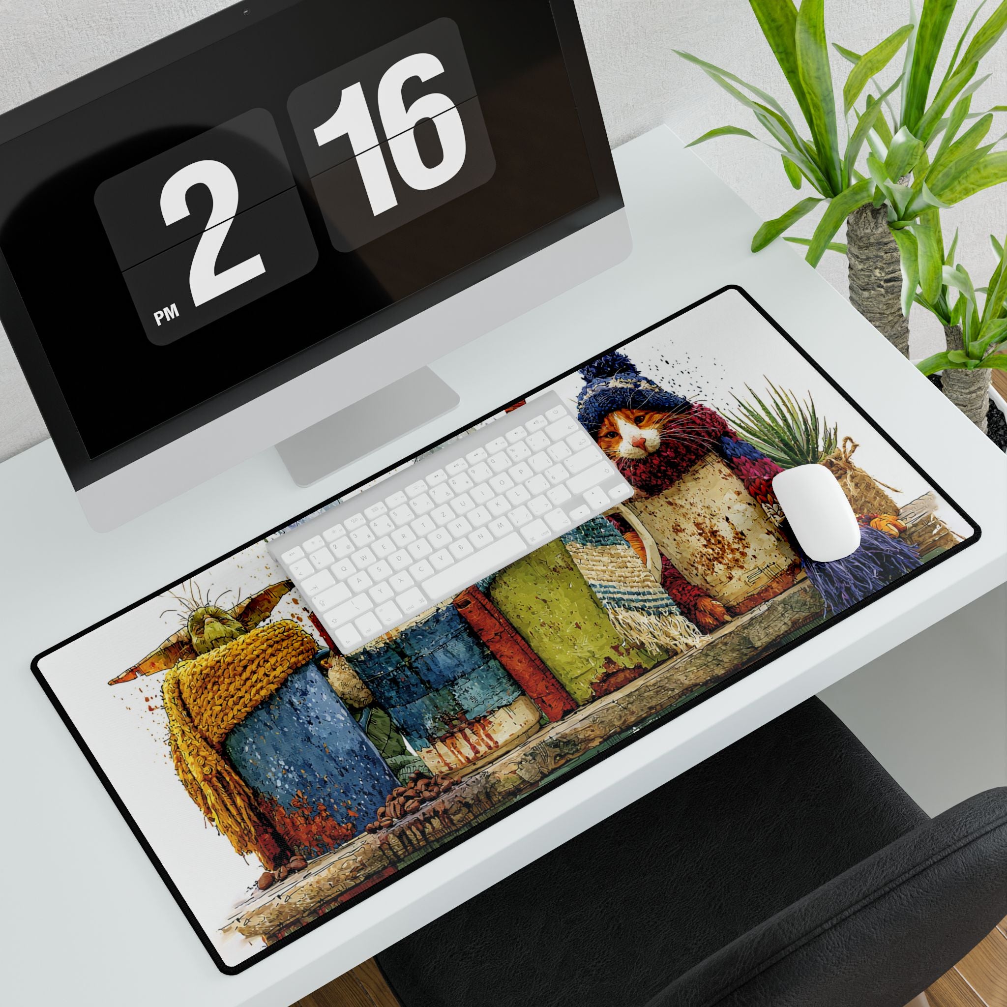 Whimsical Woodland Gnomes Desk Mat — Cozy Cat & Gnome Mouse Mousepad