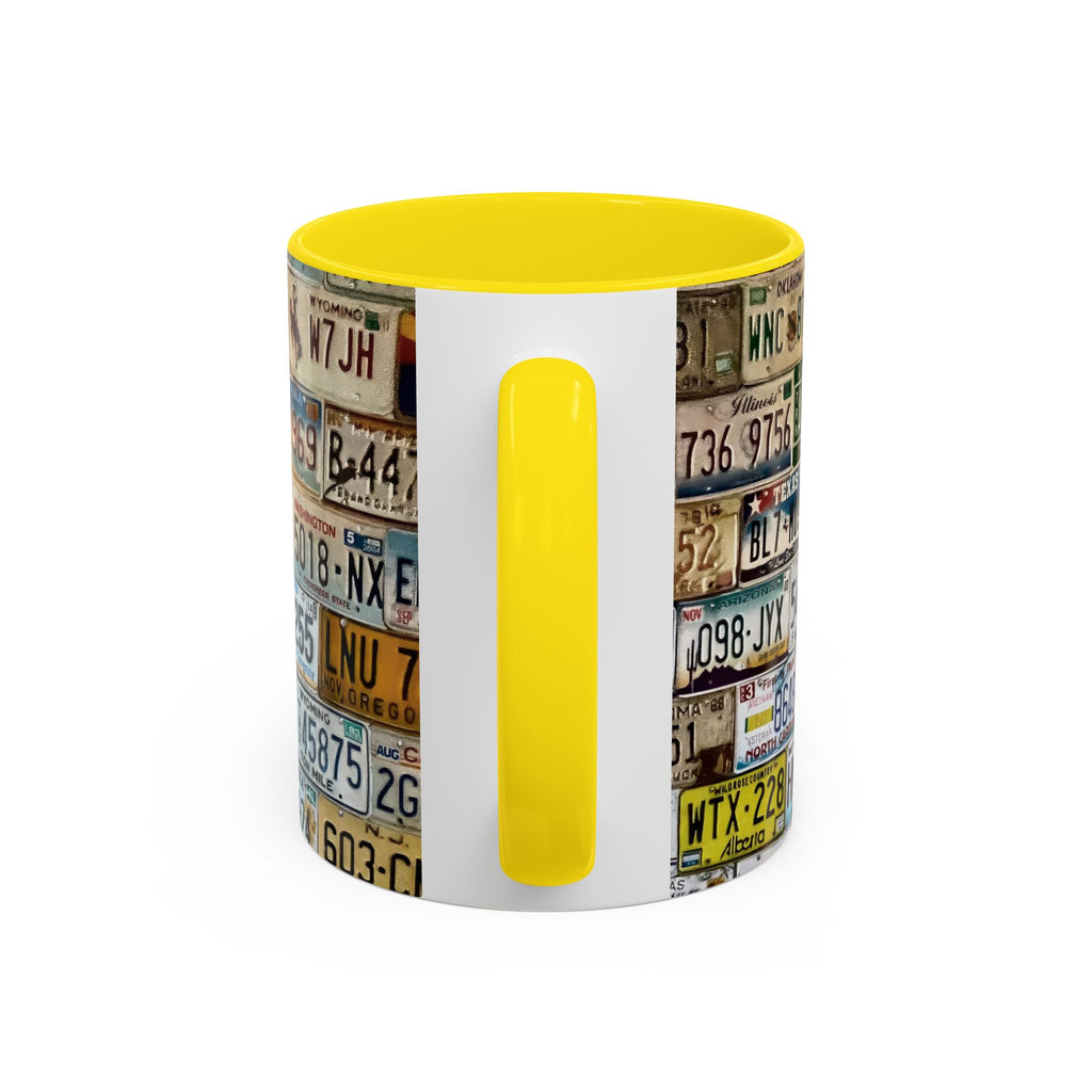 License Plate Collage Coffee Mug — Route 66, Vintage Road Trip Accent Mug