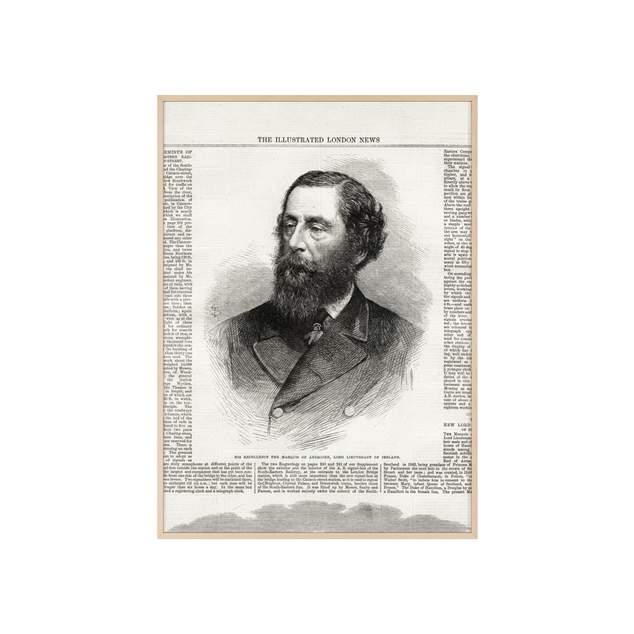 His Excellency the Marquis of Abercorn, Lord Lieutenant of Ireland. Vintage Illustrated Portrait Poster with Wooden Frame — Antique Newspaper Print