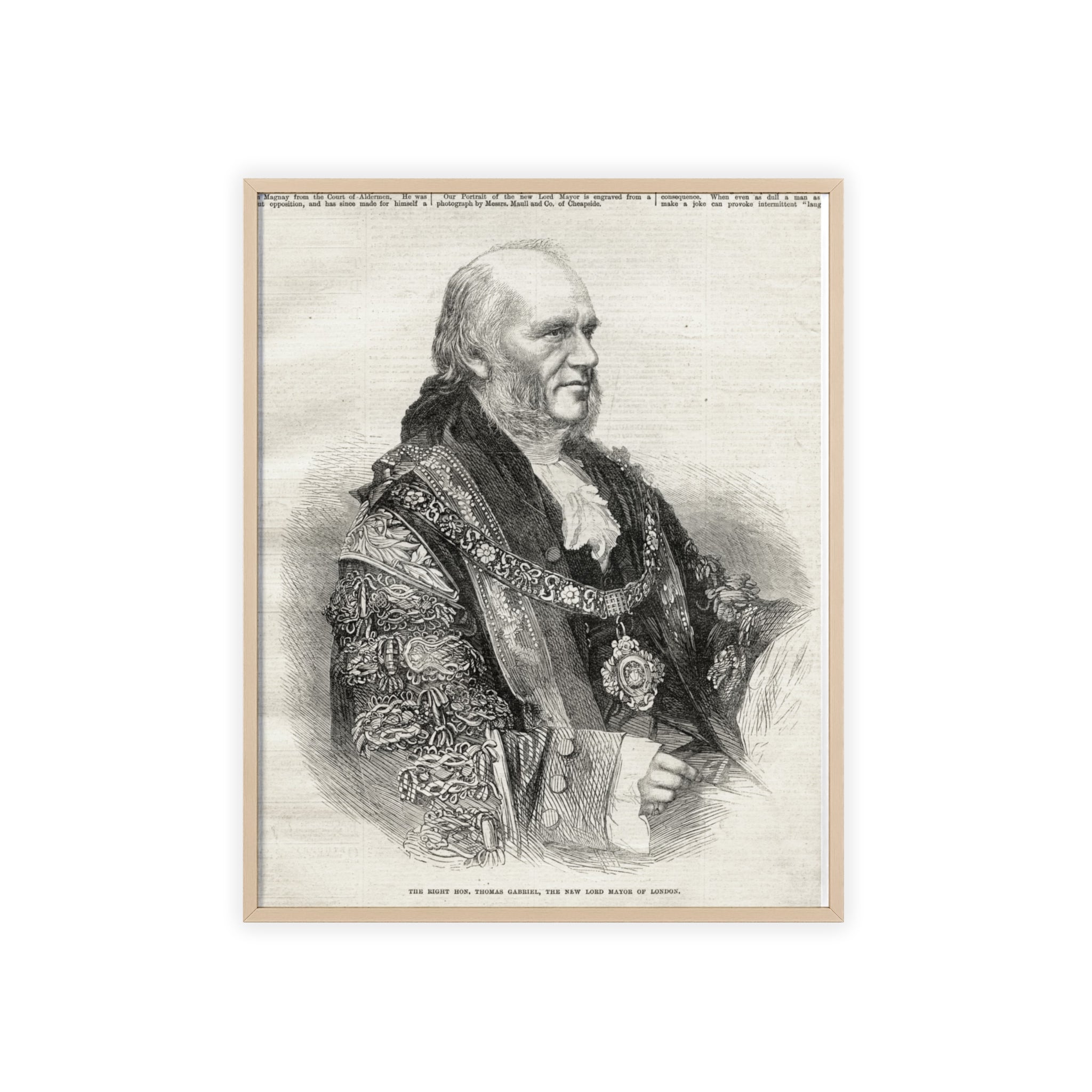 The Right Hon.Thomas Gabriel, the New Lord Mayor of London. Vintage Illustrated Statesman Poster with Black Wooden Frame