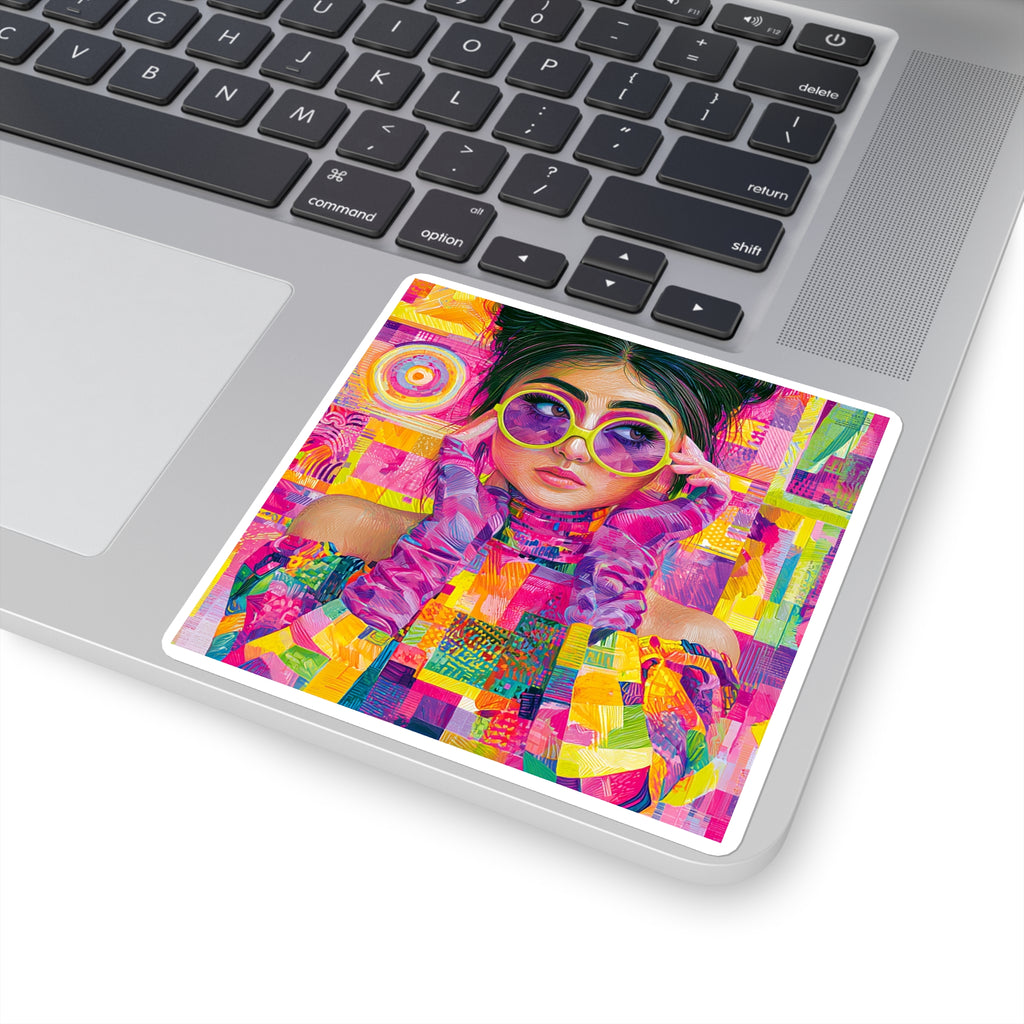 Vibrant Pop-Art Girl Square Sticker — Colorful Retro Sunglasses Laptop Decal