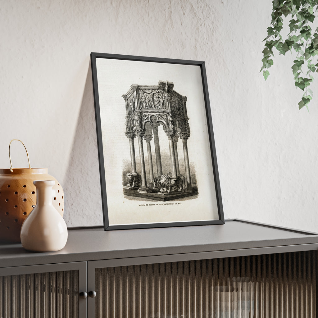 Model of Pulpit in the Baptistery at PISA. Antique Architectural Print Poster — Gothic Baptistery Illustration in Wooden Frame