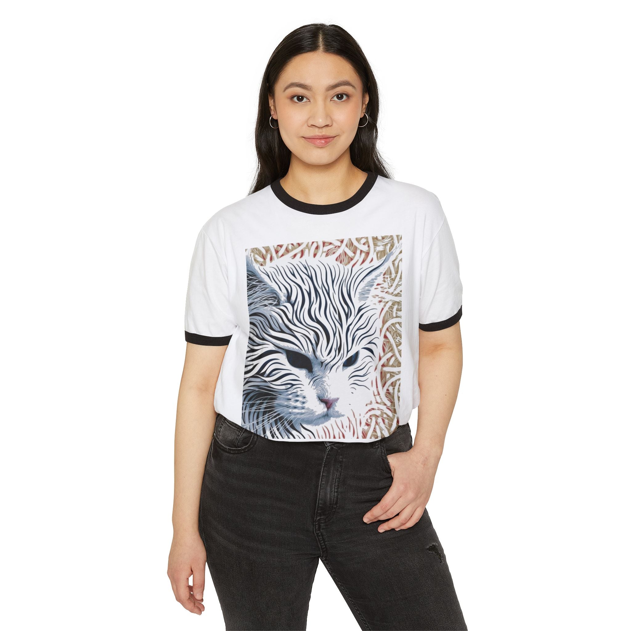 Cat Portrait Ringer Tee — Stylized Stripe-Faced Cat Graphic T-Shirt