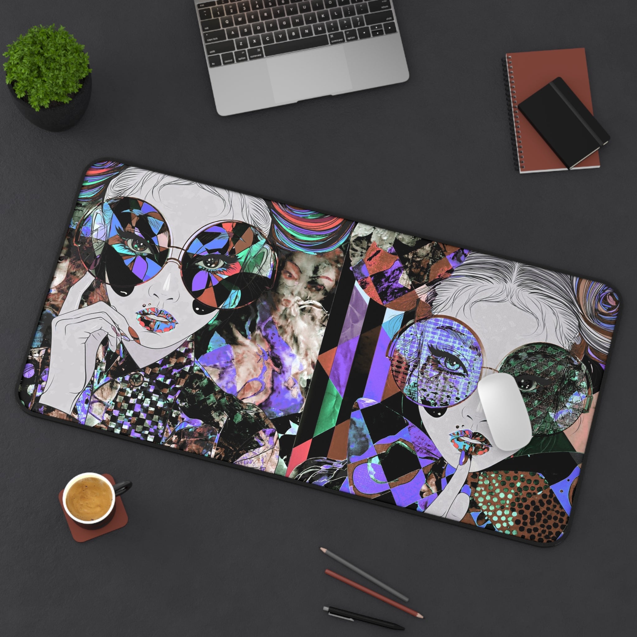 Psychedelic Pop Art Desk Mat — Retro Twin Sunglasses Illustration