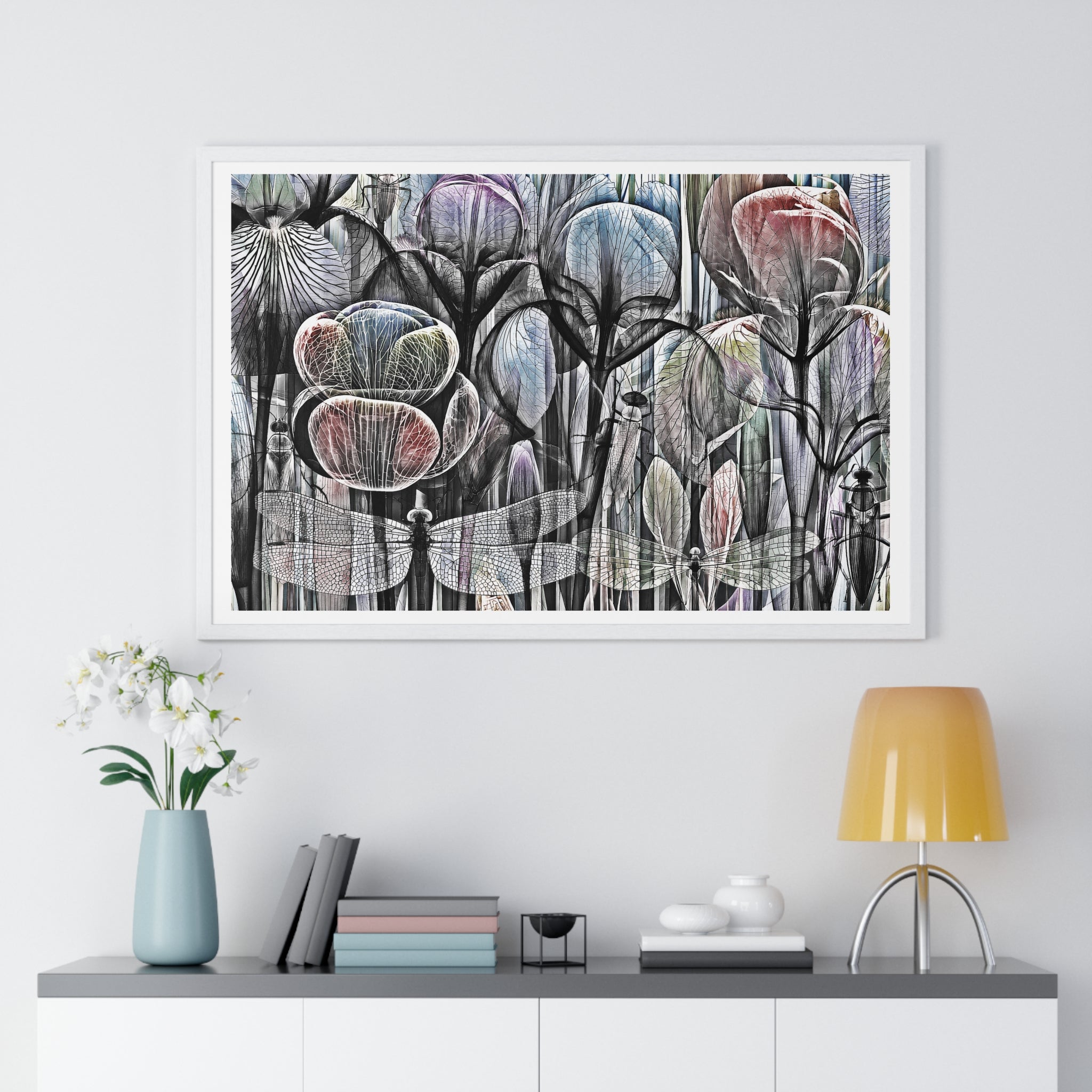 Framed Poster — Dreamy Botanical Dragonfly Art Print