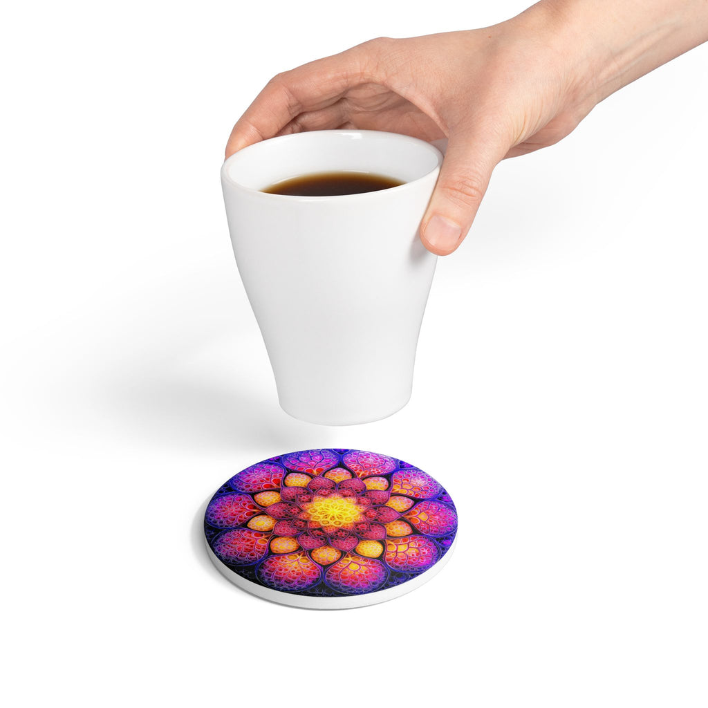 Mandala Ceramic Coaster — Vibrant Purple & Gold Floral Design