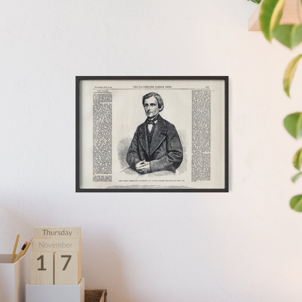 Portrait of Ossip Ivanoff the peasant who saved the Czar's Life. Vintage Newspaper Print Poster with Wooden Frame