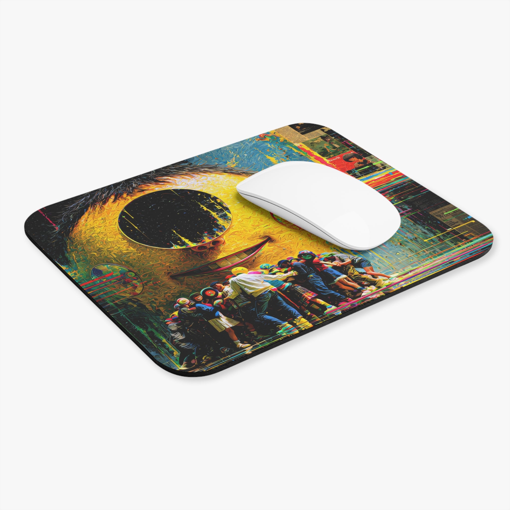 Surreal Smiling Moon Mouse Pad — Colorful Retro Pop Art Desk Mat