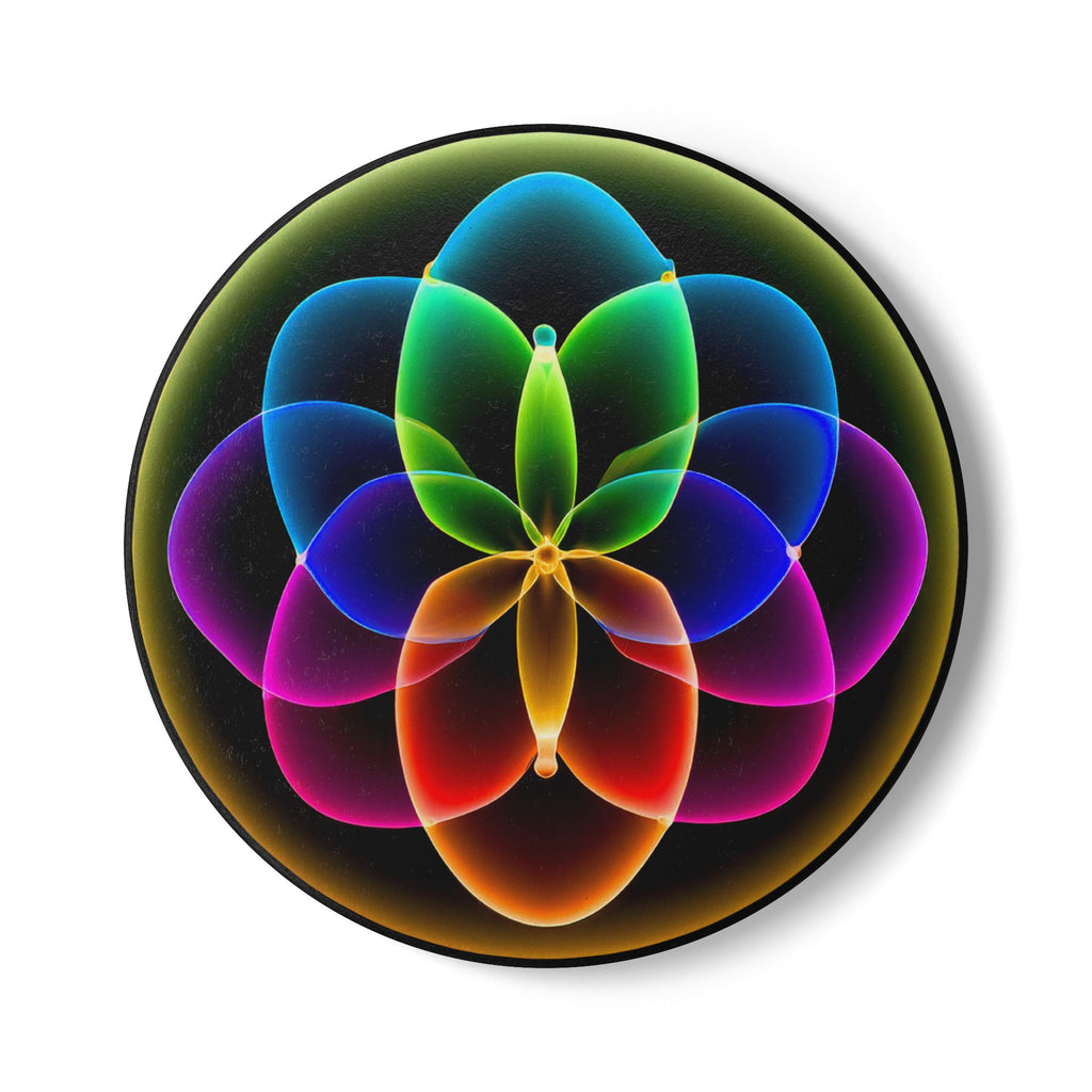 Ceramic Coaster — Rainbow Sacred Geometry Flower Design | Vibrant Mandala Cork-Back Drink Coaster