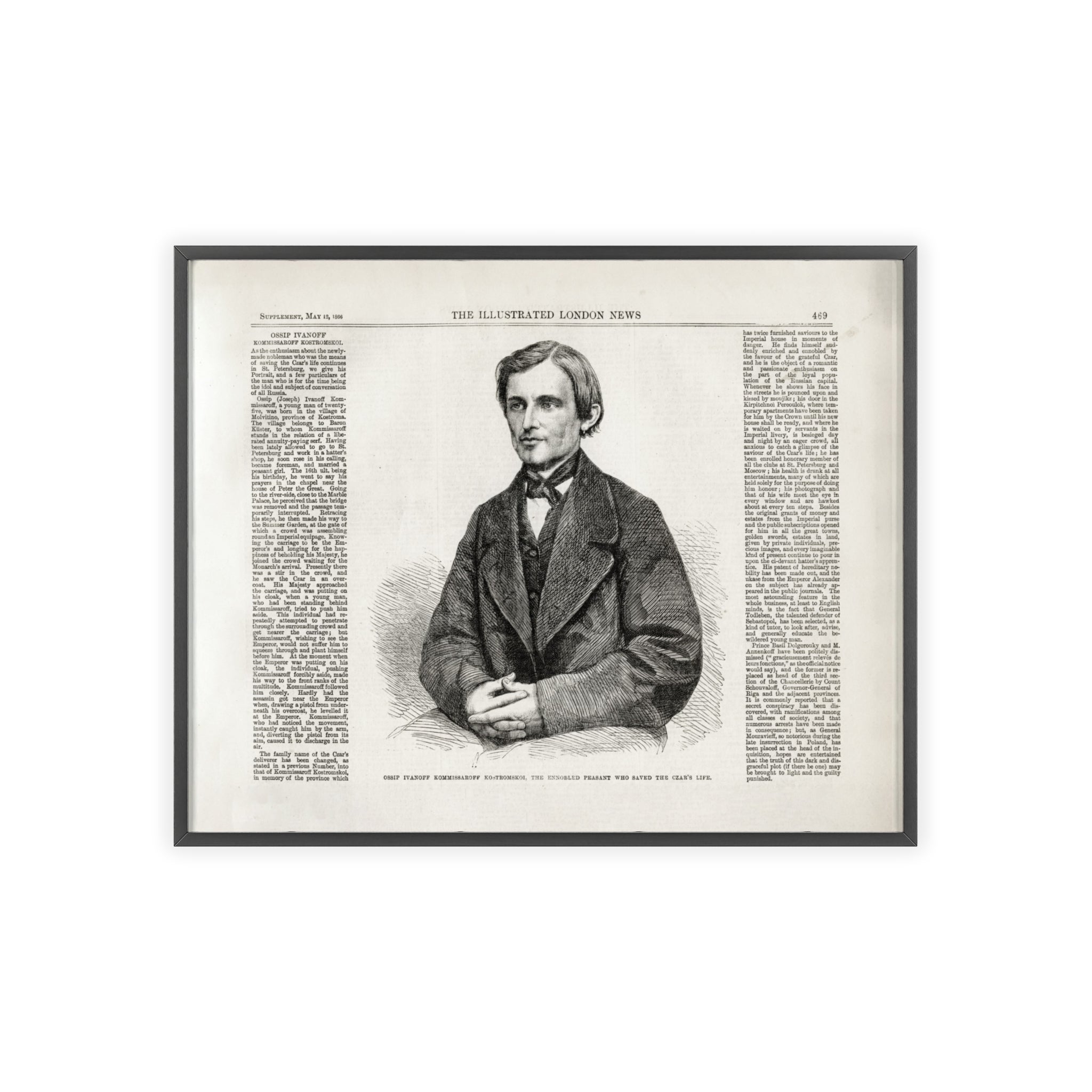 OSSIP IVANOFF, the peasant who saved the CZAR's Life. Vintage Illustrated Portrait Poster with Wooden Frame — Antique Newspaper Art Print