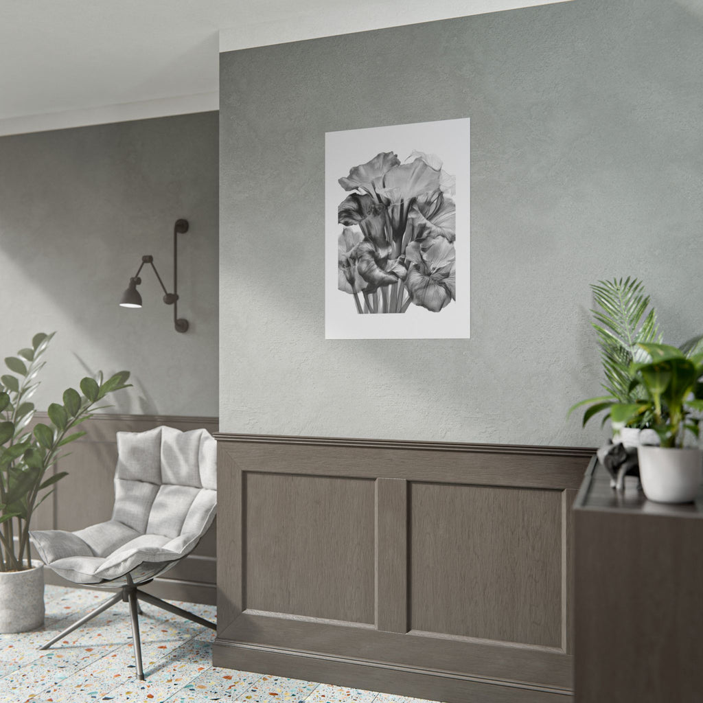 Black & White Iris Botanical Poster — Monochrome Floral Wall Art (Rolled Poster)